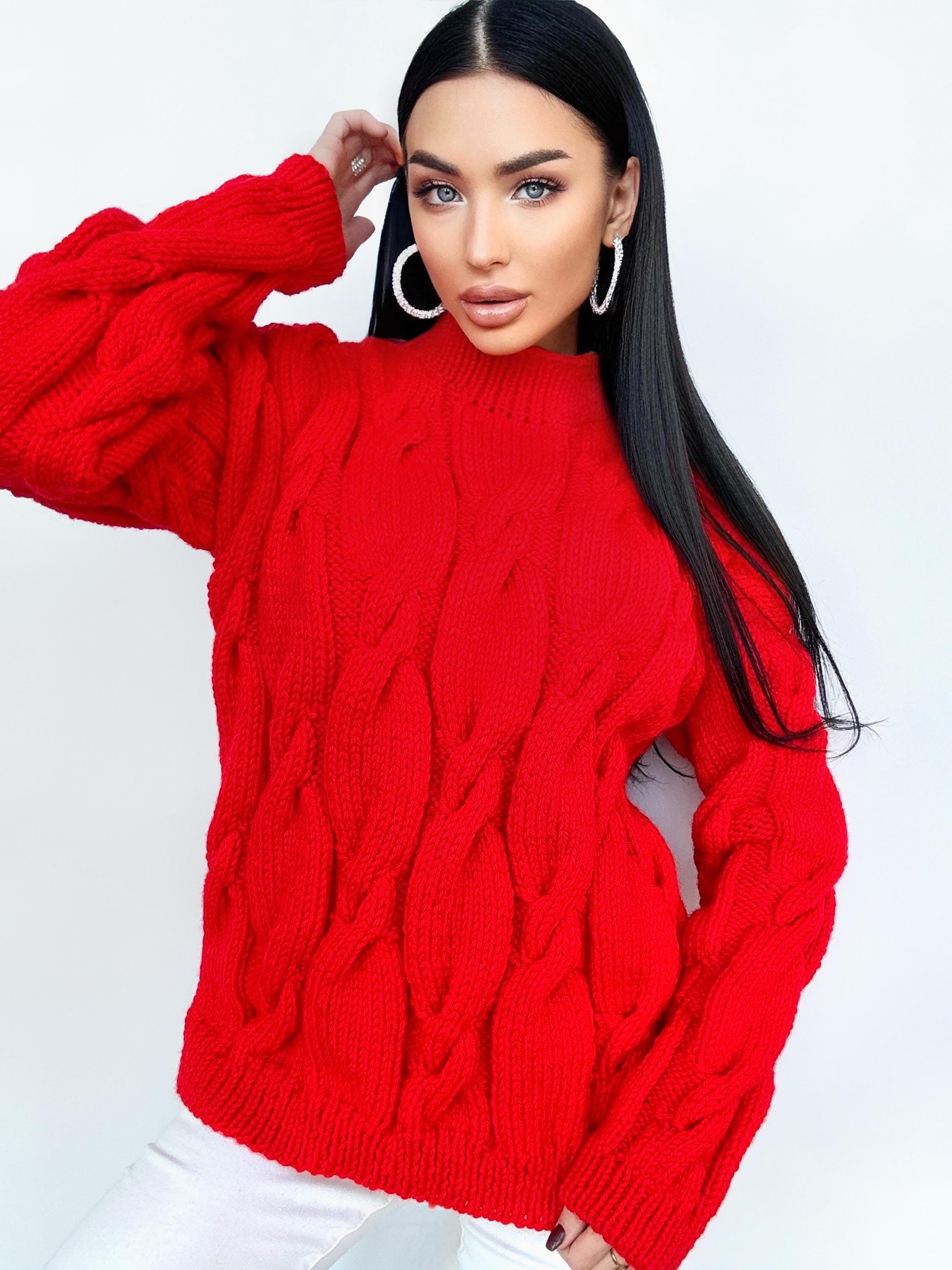 Chunky knit sweater Red sweater Oversized sweater Braids sweater Cable knit sweater burgundy sweater Women Knitwear turtleneck unique gifts