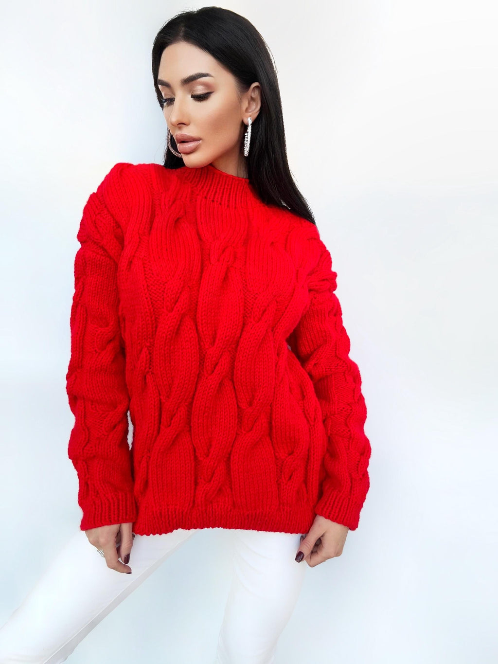 Chunky knit sweater Red sweater Oversized sweater Braids sweater Cable knit sweater burgundy sweater Women Knitwear turtleneck unique gifts