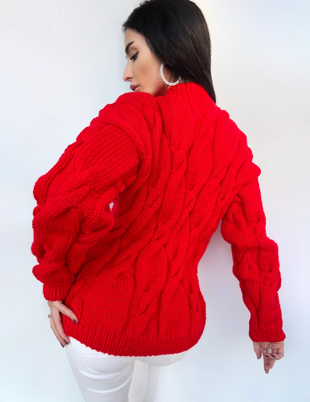 Chunky knit sweater Red sweater Oversized sweater Braids sweater Cable knit sweater burgundy sweater Women Knitwear turtleneck unique gifts