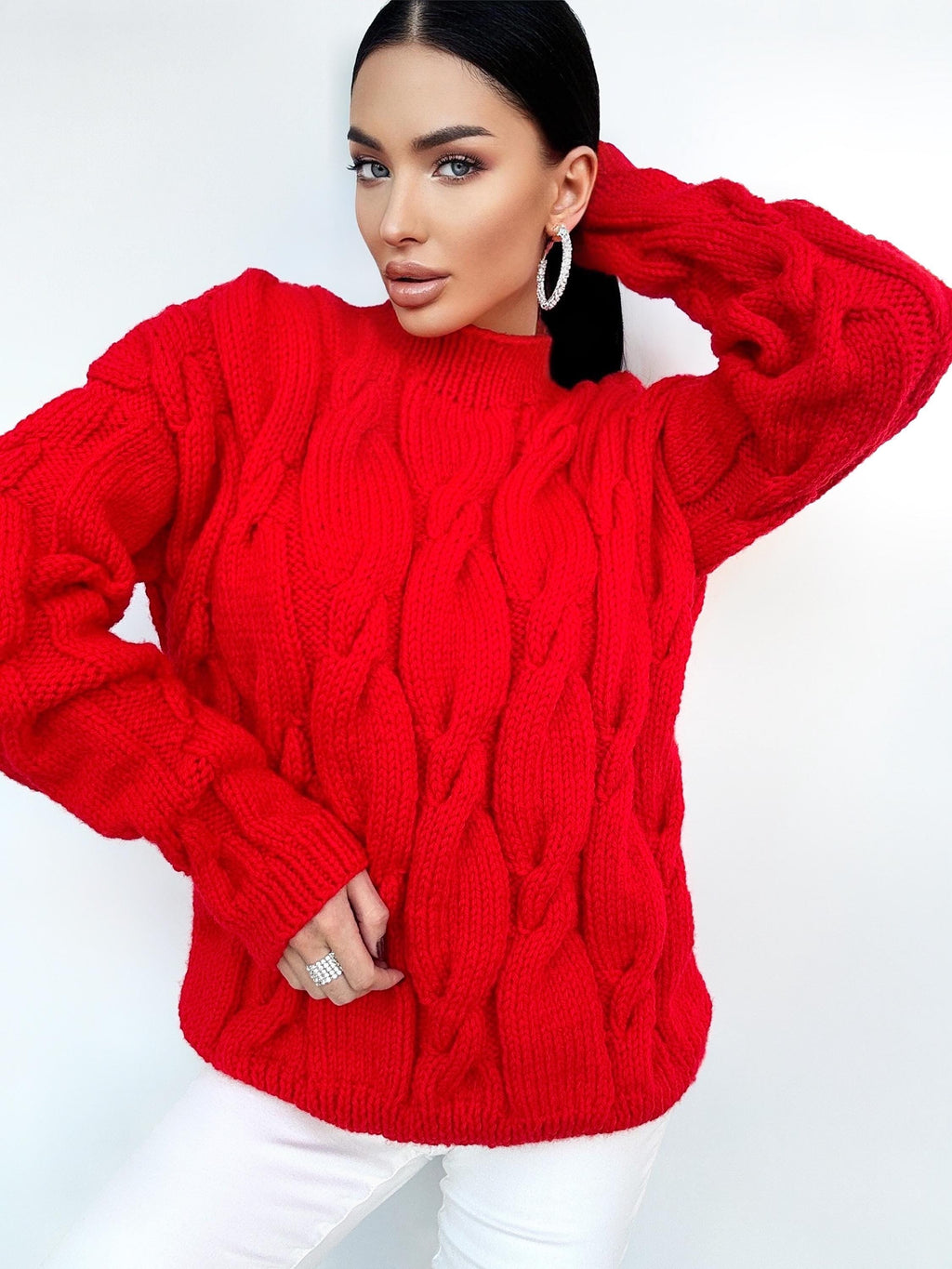 Chunky knit sweater Red sweater Oversized sweater Braids sweater Cable knit sweater burgundy sweater Women Knitwear turtleneck unique gifts