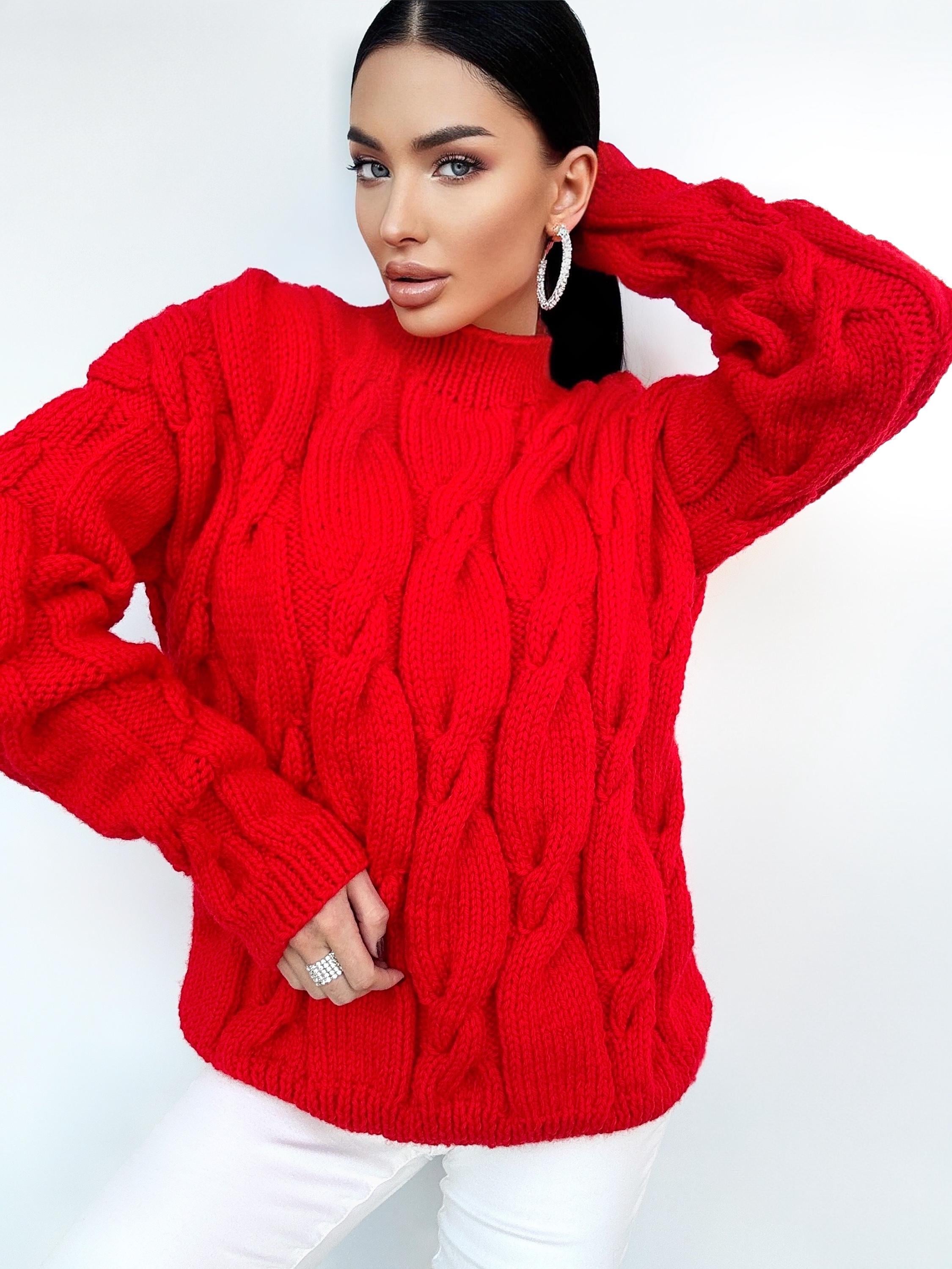 Chunky knit sweater Red sweater Oversized sweater Braids sweater Cable knit sweater burgundy sweater Women Knitwear turtleneck unique gifts
