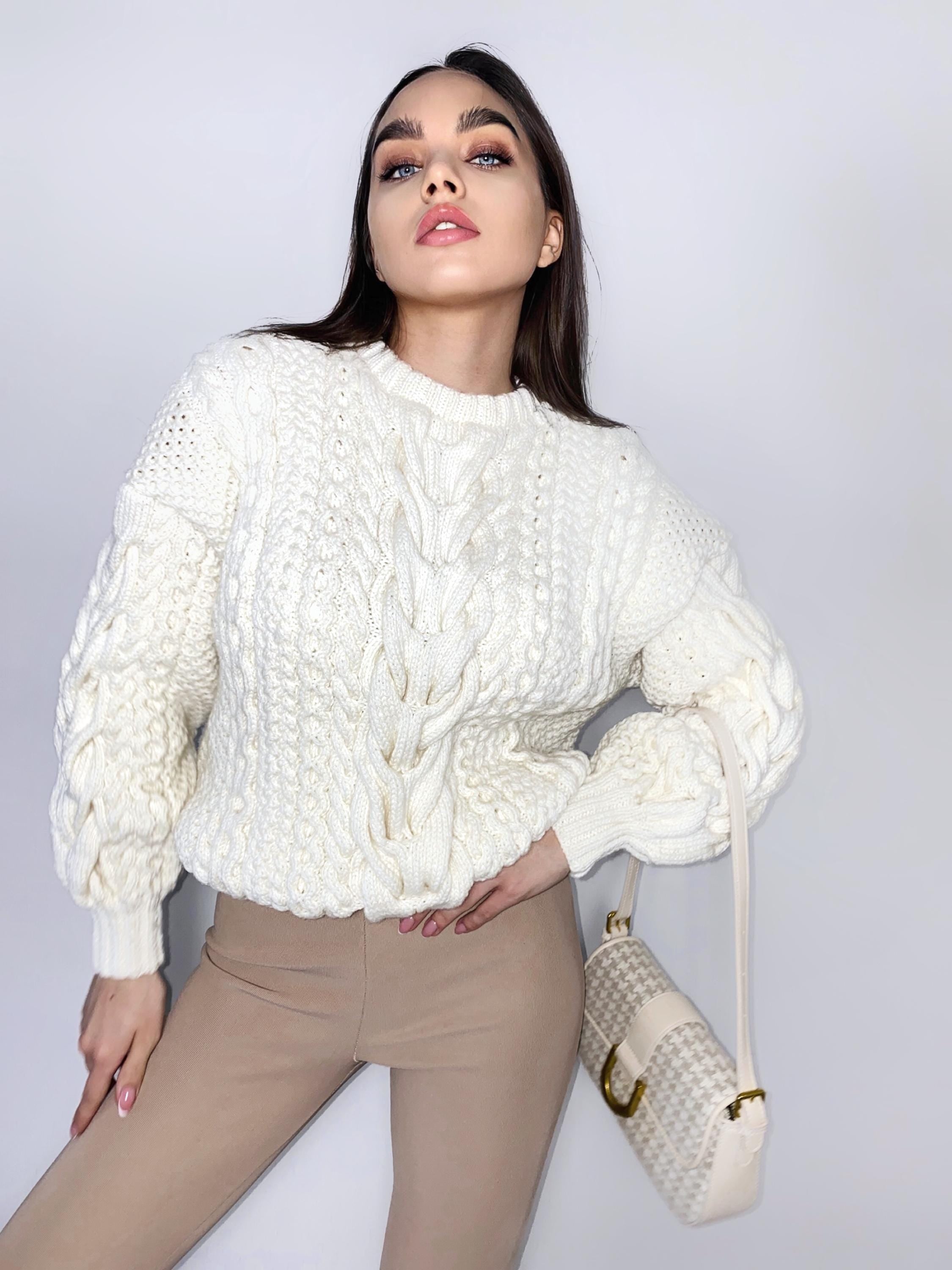 Pastel Milky Chunky knit sweater Merino wool sweater women White oversized sweater Custome sweater Cable knit pullover Gift for her