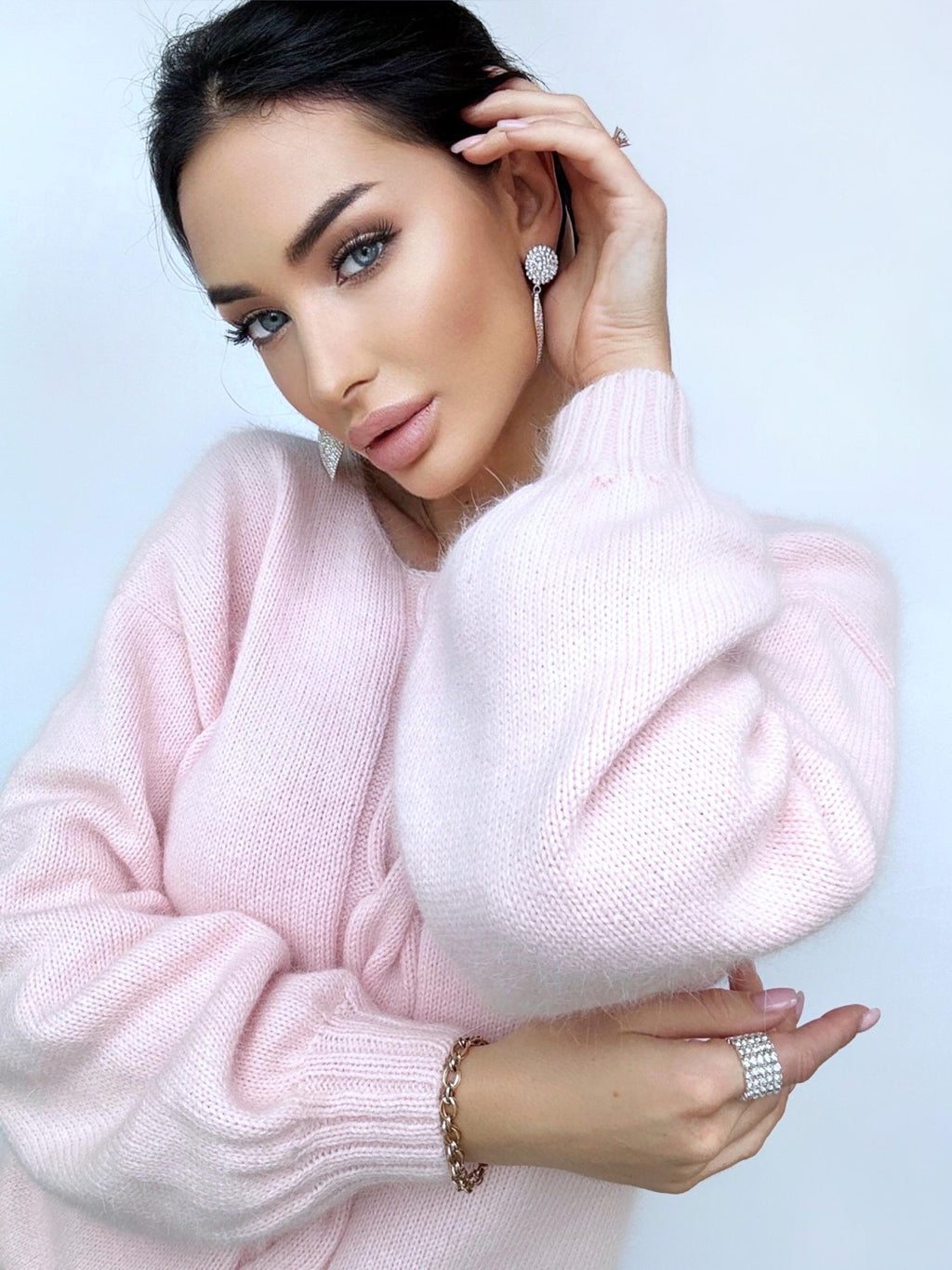 Light pink angora sweater Open back Deep neckline Knit Pastel fluffy angora pullover Loose fit oversized V-neck Top long sleevs Cozy gift