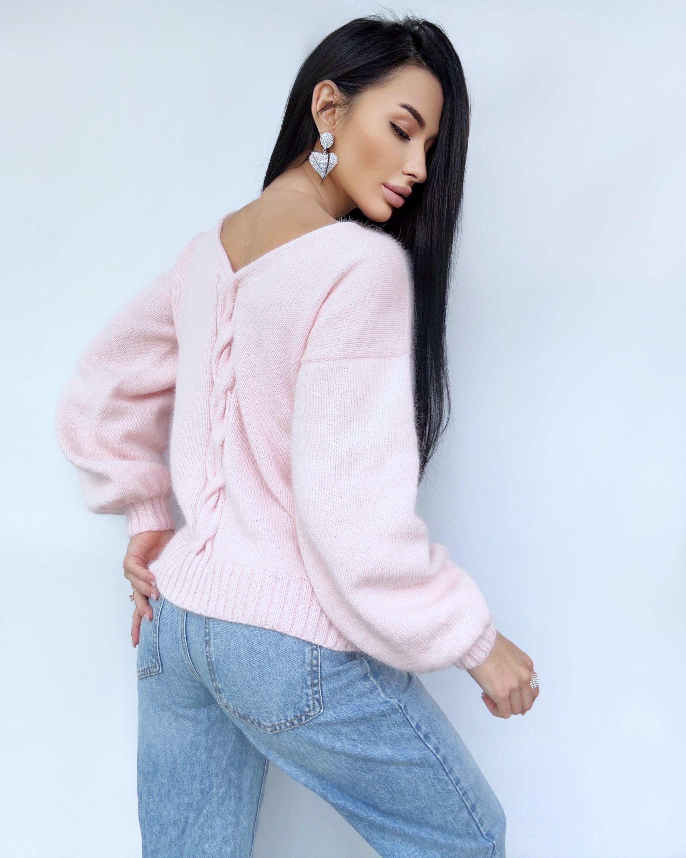 Light pink angora sweater Open back Deep neckline Knit Pastel fluffy angora pullover Loose fit oversized V-neck Top long sleevs Cozy gift