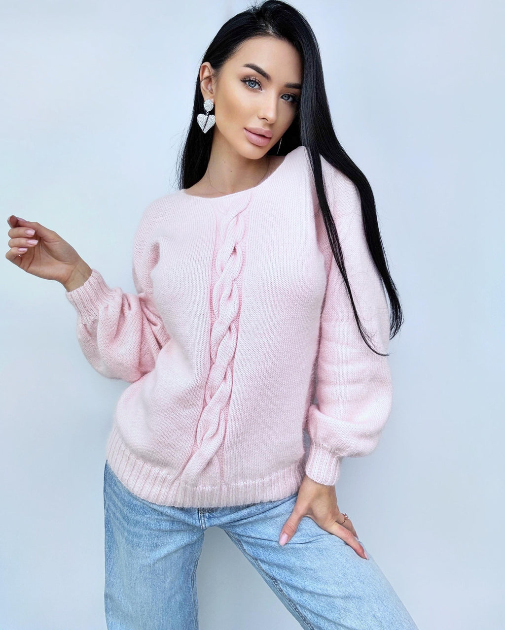 Light pink angora sweater Open back Deep neckline Knit Pastel fluffy angora pullover Loose fit oversized V-neck Top long sleevs Cozy gift
