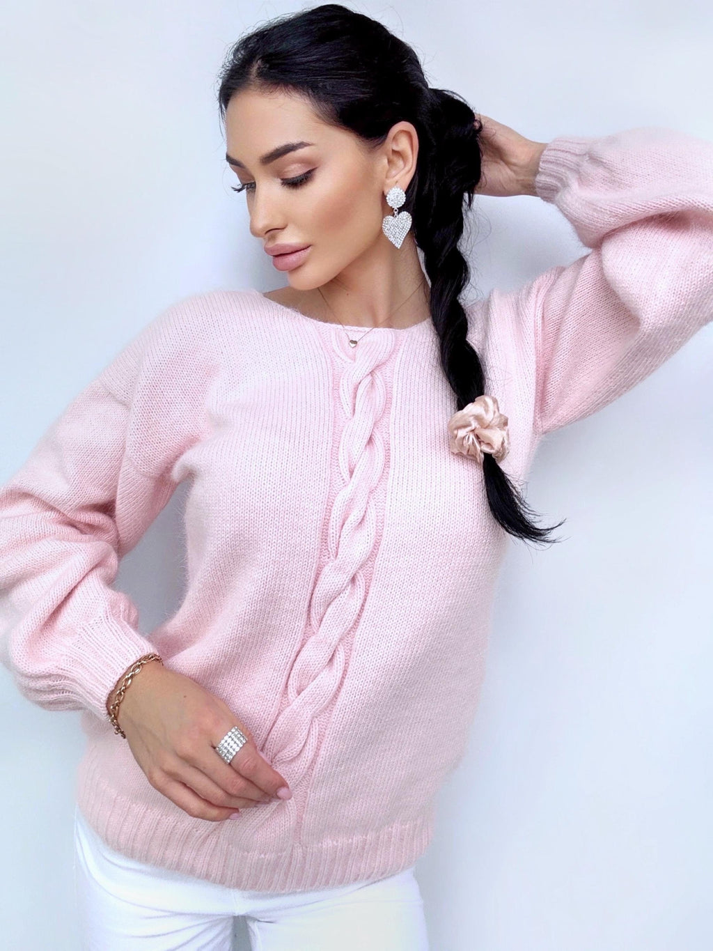 Light pink angora sweater Open back Deep neckline Knit Pastel fluffy angora pullover Loose fit oversized V-neck Top long sleevs Cozy gift