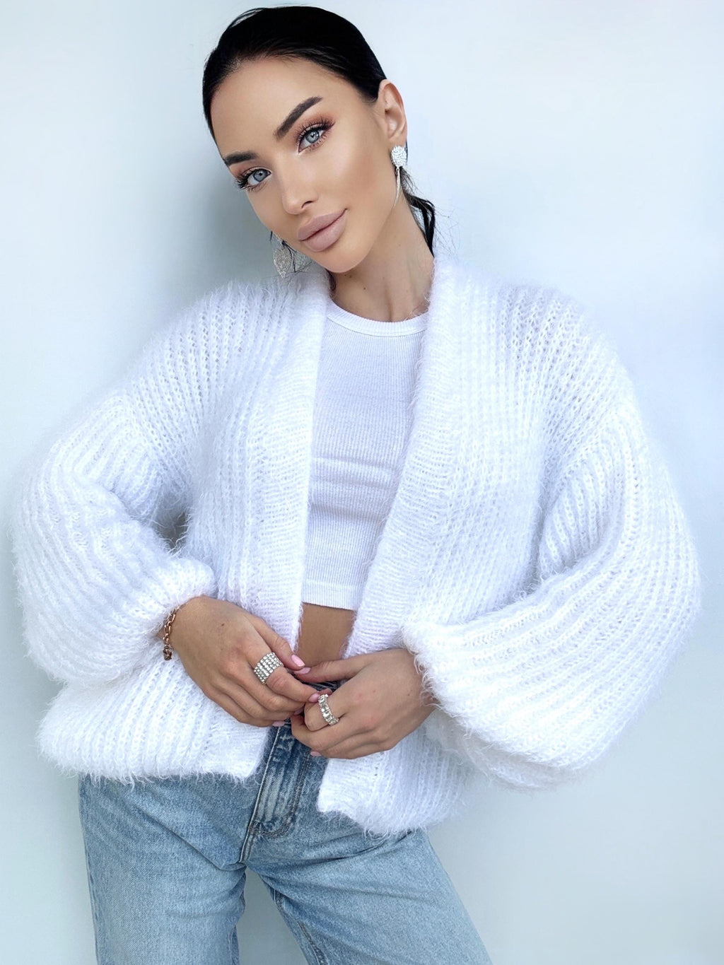 Wool free white Wedding cardigan Wool substitute sweater White knitted coat Jacket Women Bridal shrug bolero Fluffy short cardigan