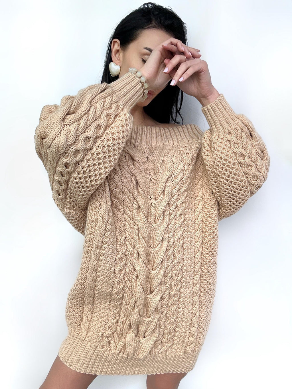 Hand knit sweater dresses for women Beige Caramel off shoulder sweater dress Long Cable wool sweater Chunky one shoulder dress cozy pulover