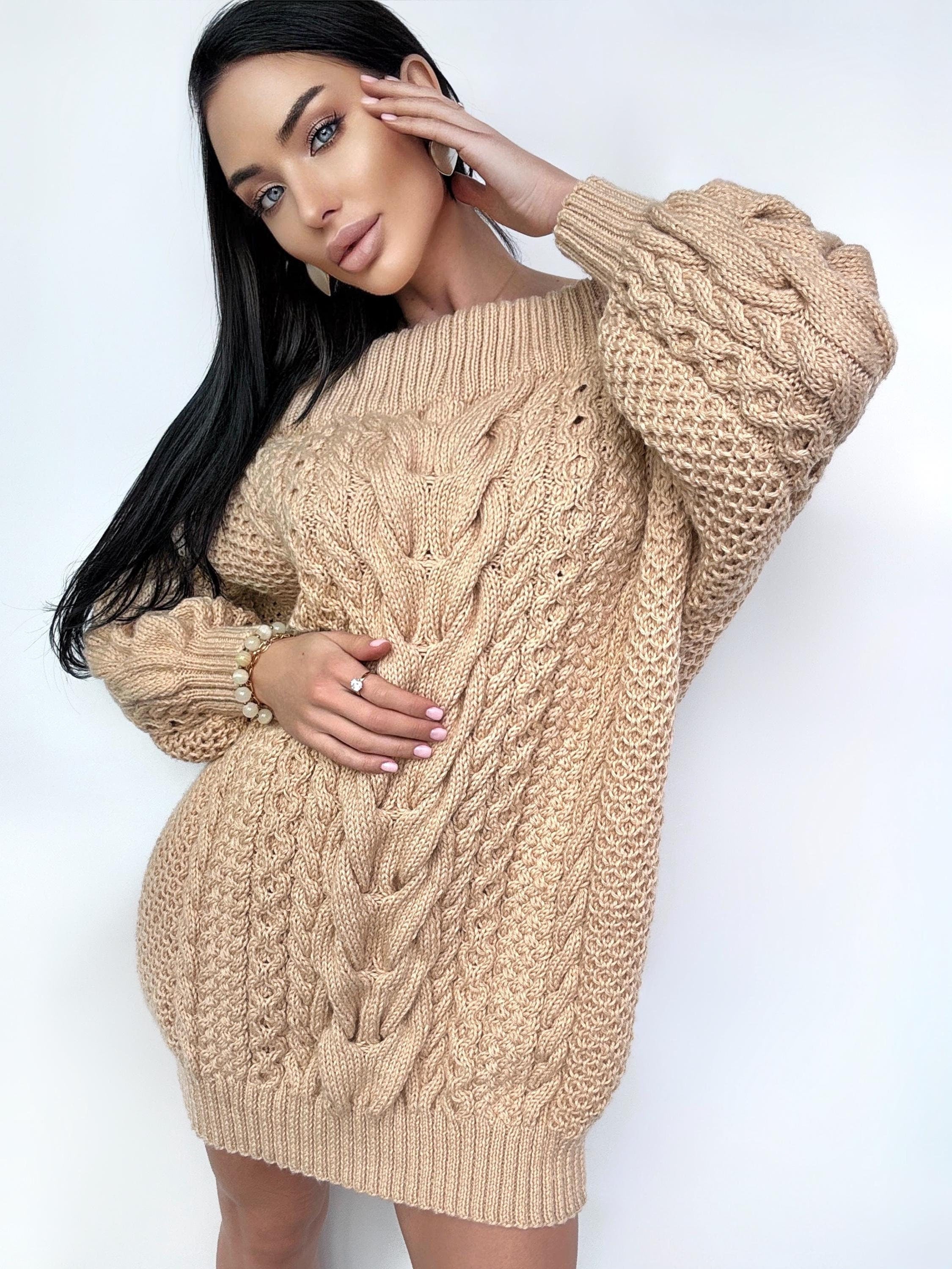 Hand knit sweater dresses for women Beige Caramel off shoulder sweater dress Long Cable wool sweater Chunky one shoulder dress cozy pulover