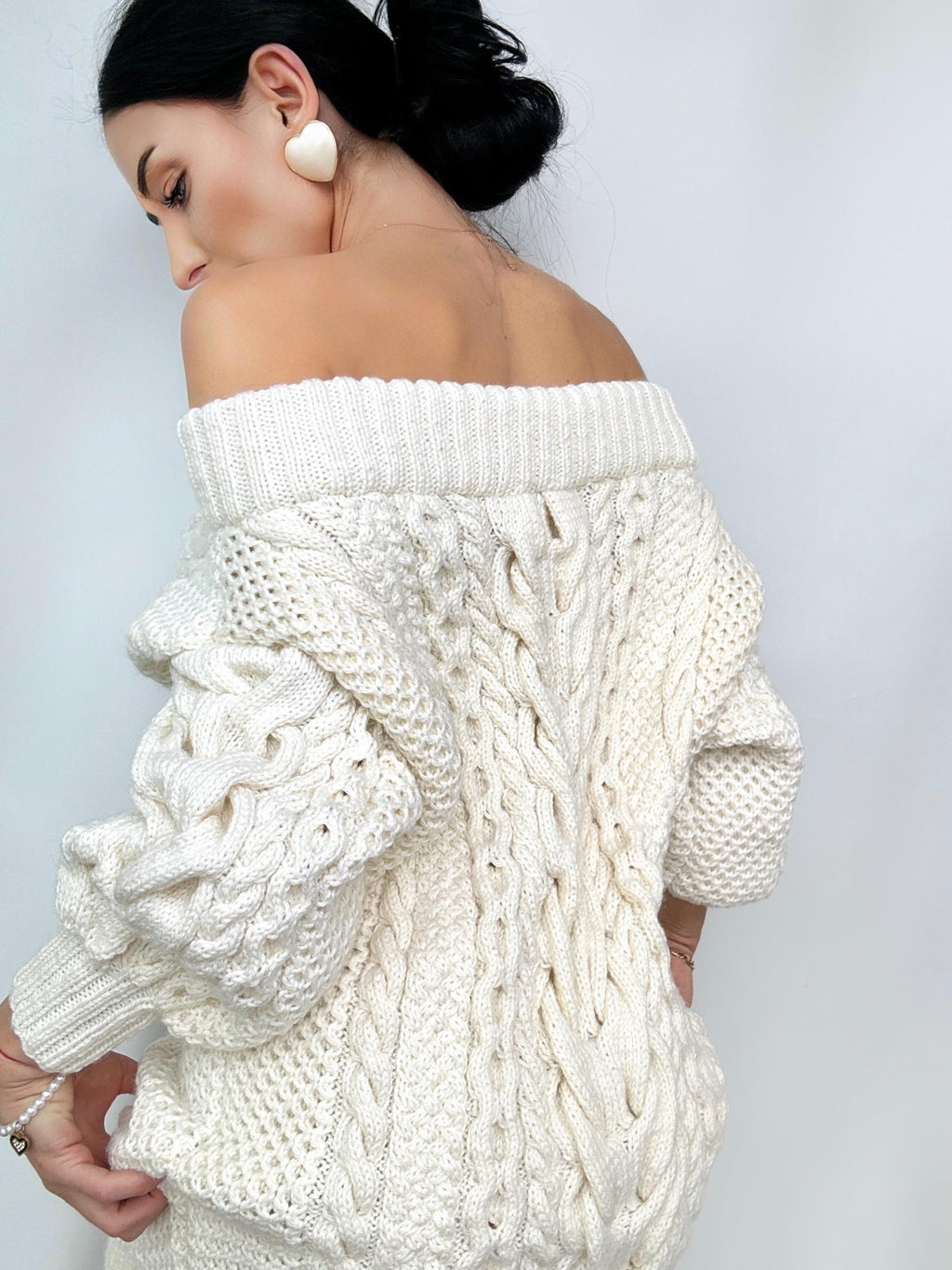 White milk hand knit Aran sweater dress women Off shoulder sweater Long Cable wool sweater Knitted one shoulder dress Big cozy dress