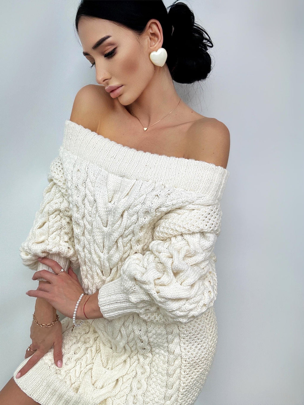 Hand knit white milk cable knit off shoulders sweater dress women Large Cable knit merino wool sweater Chunky knit one shoulder dress