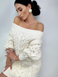 Hand knit sweater dress women White off shoulder sweater dress Long Cable wool sweater Knitted one shoulder dress Big cozy handmade dress
