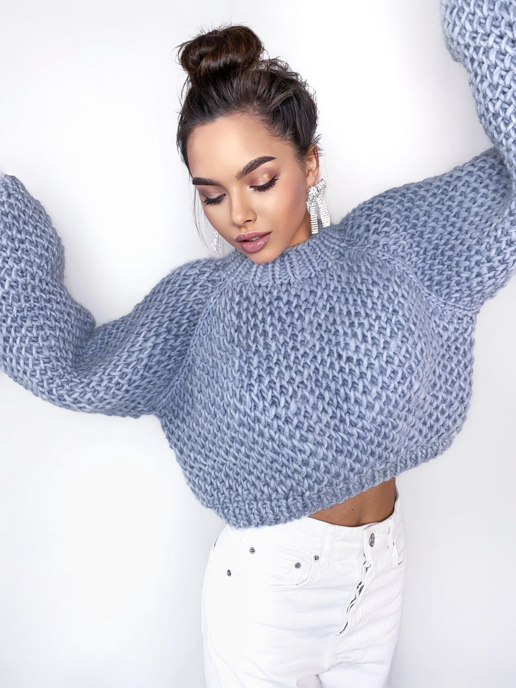 Crop chunky handknit wool blue gray soft sweater Hand knit oversize Pastel sweater Cable knit crop pullover jumper Chunky knit sweater