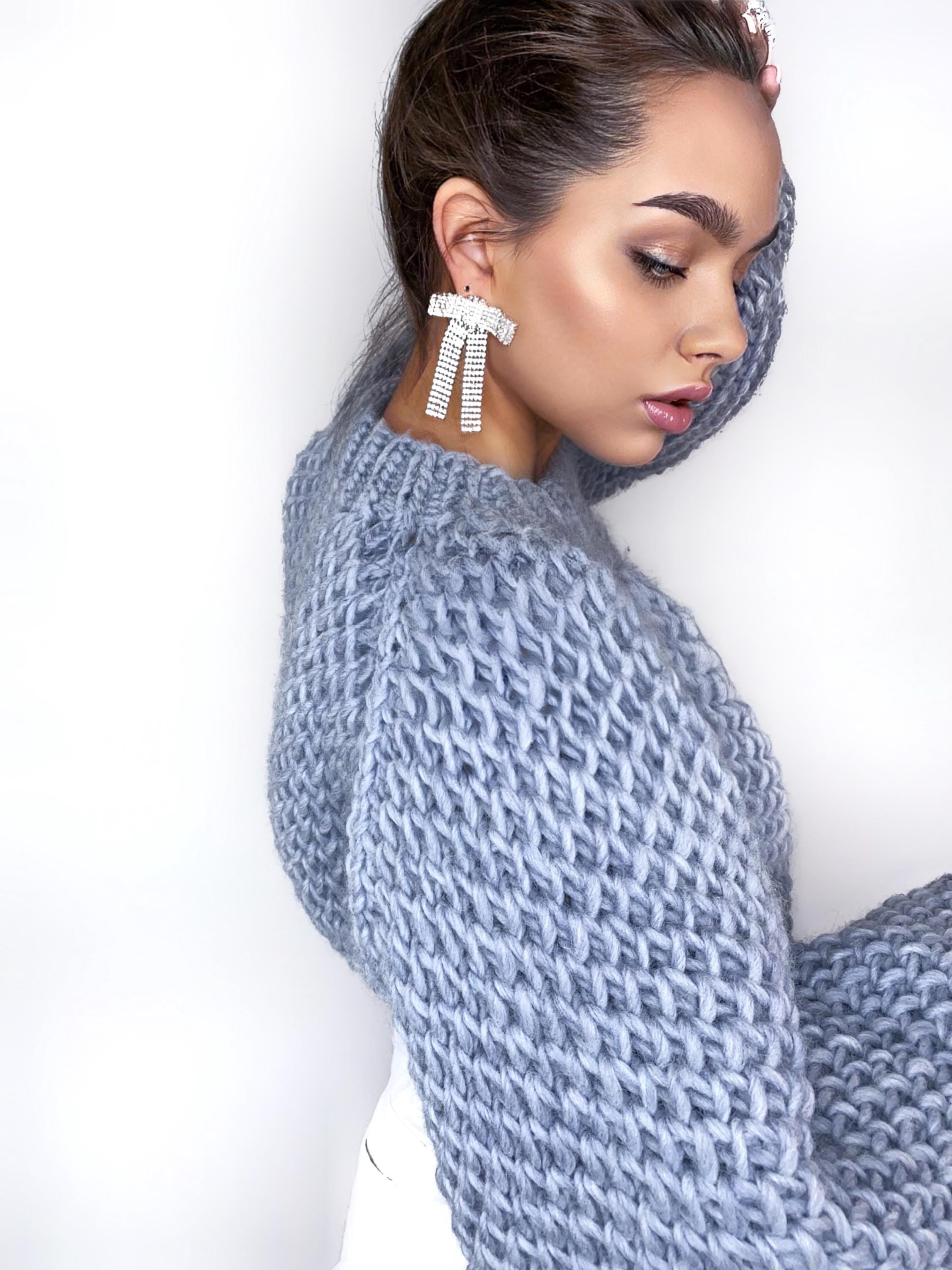 Crop chunky handknit wool blue gray soft sweater Hand knit oversize Pastel sweater Cable knit crop pullover jumper Chunky knit sweater