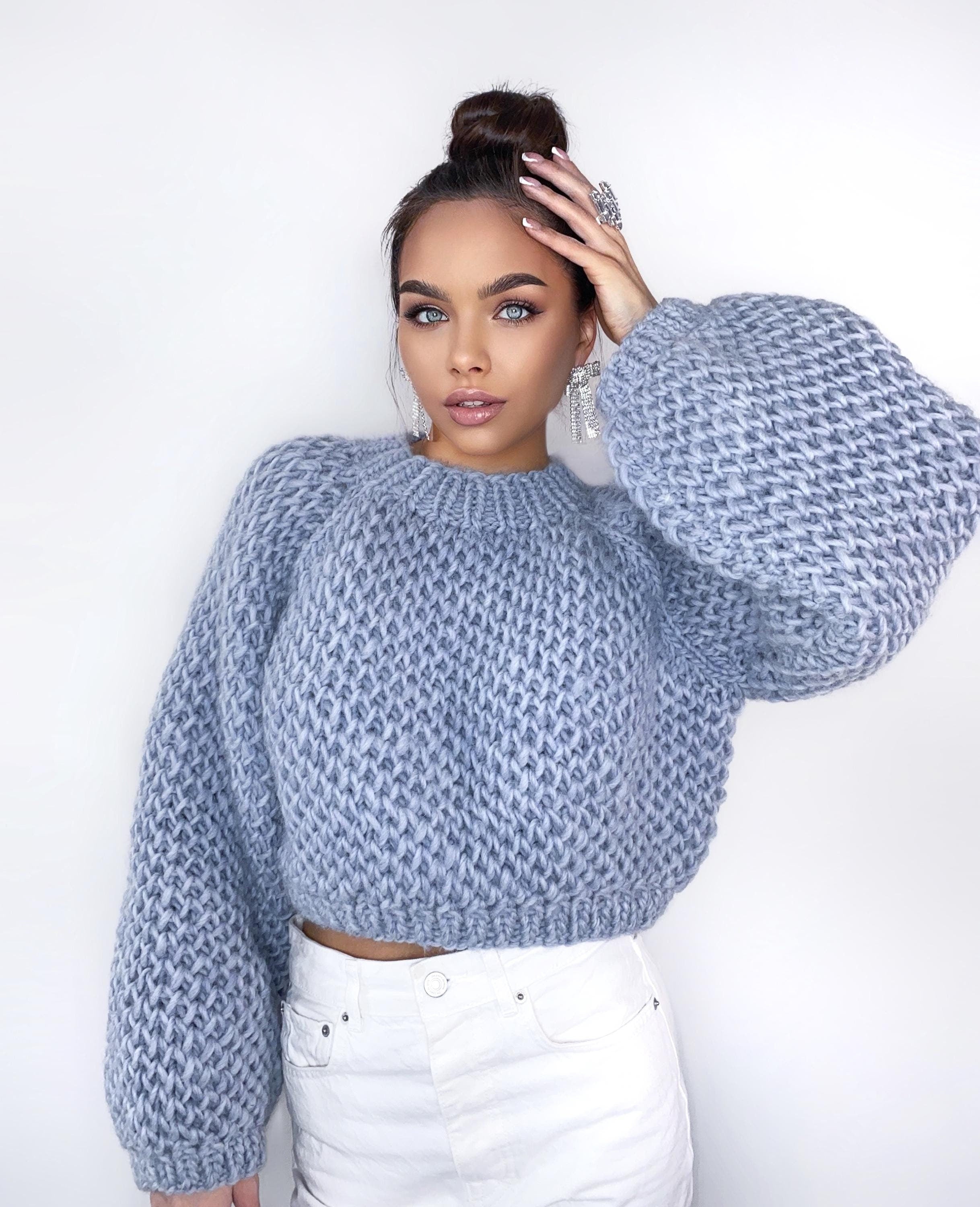 Crop chunky handknit wool blue gray soft sweater Hand knit oversize Pastel sweater Cable knit crop pullover jumper Chunky knit sweater