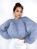 Crop chunky hand knit alpaca wool blue grey soft sweater Hand knit oversize Pastel pullover Cable knit cropped sweater top Cable knit jumper