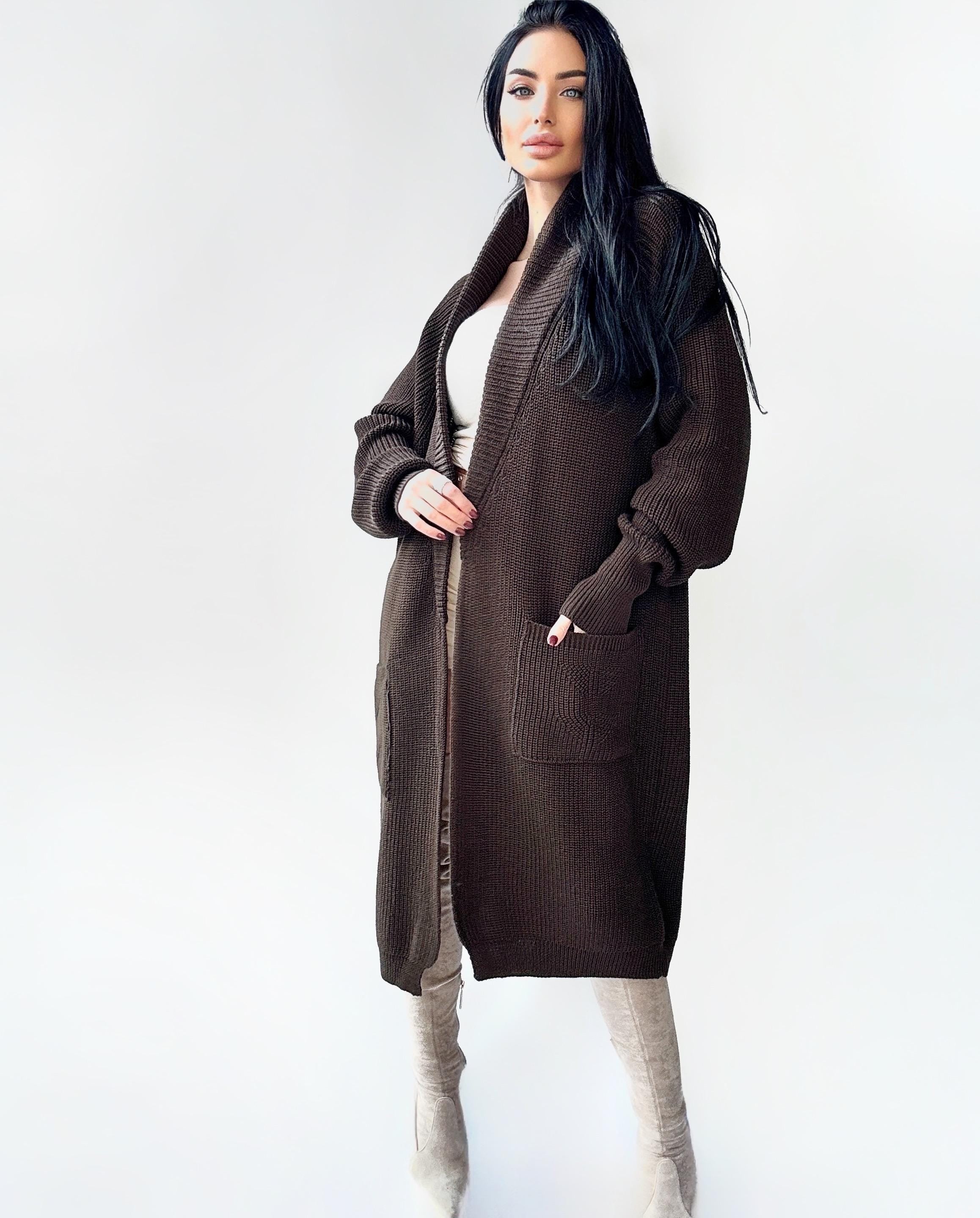 Chunky knit merino wool Midi cardigan Chocolate Brown maxi knit cardigan Long oversized coat Cardigan cable knit coat Cocoon knit coat