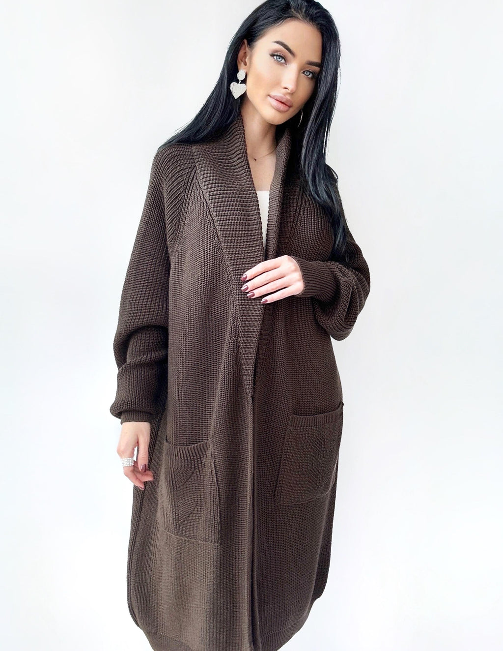 Chunky knit merino wool Midi cardigan Chocolate Brown maxi knit cardigan Long oversized coat Cardigan cable knit coat Cocoon knit coat