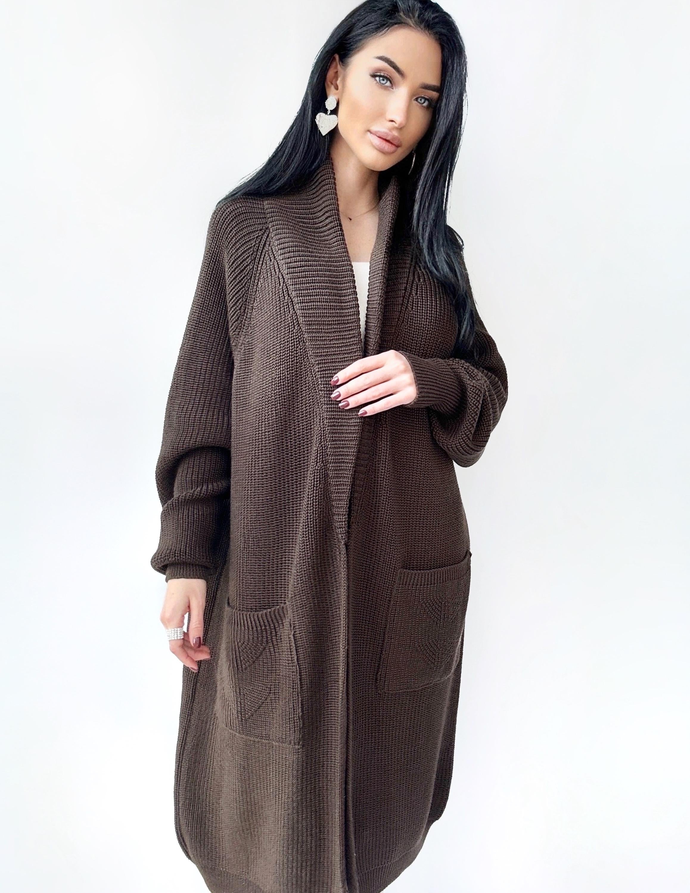 Chunky knit merino wool Midi cardigan Chocolate Brown maxi knit cardigan Long oversized coat Cardigan cable knit coat Cocoon knit coat
