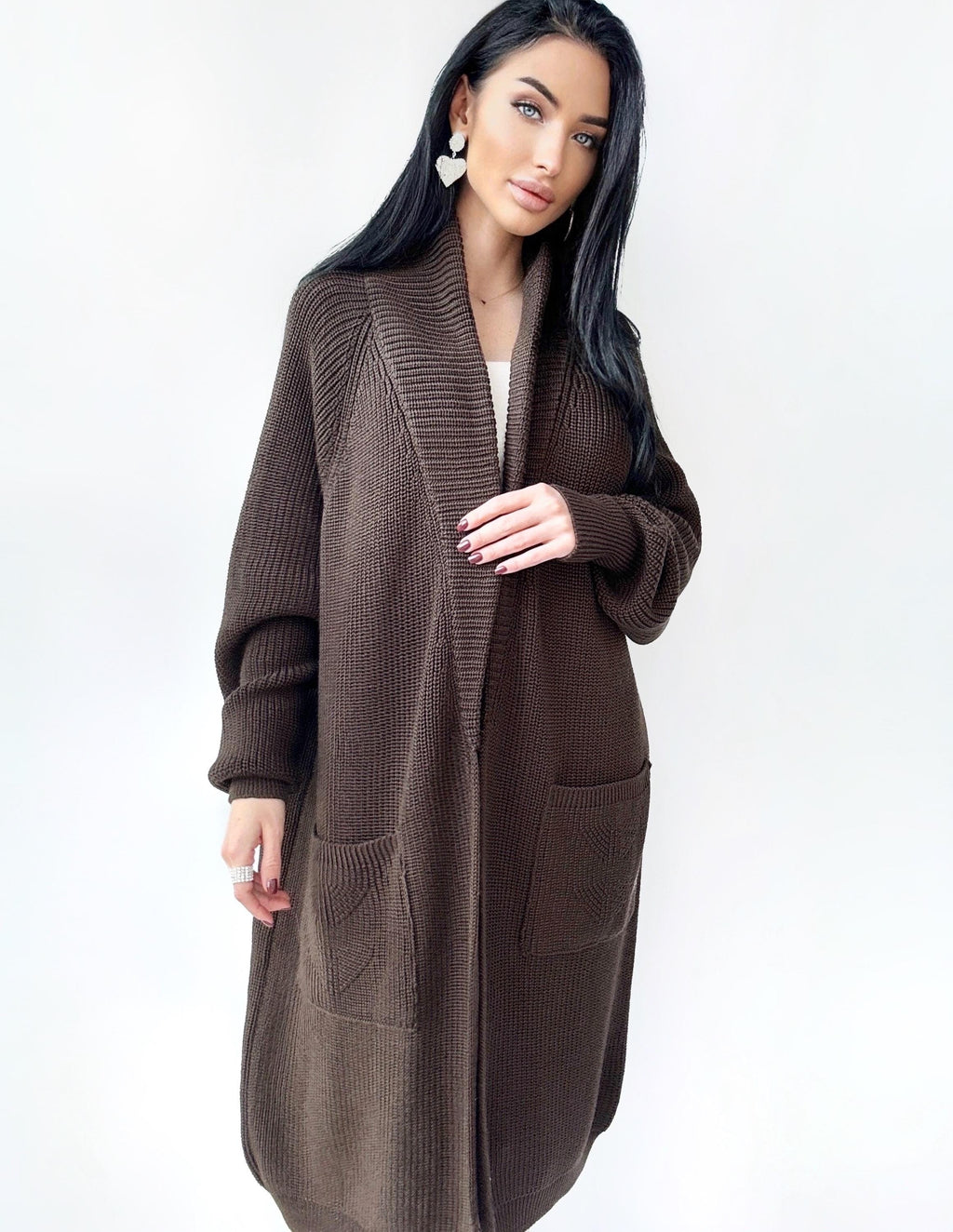 Chunky knit merino wool Midi cardigan Chocolate Brown maxi knit cardigan Long oversized coat Cardigan cable knit coat Cocoon knit coat