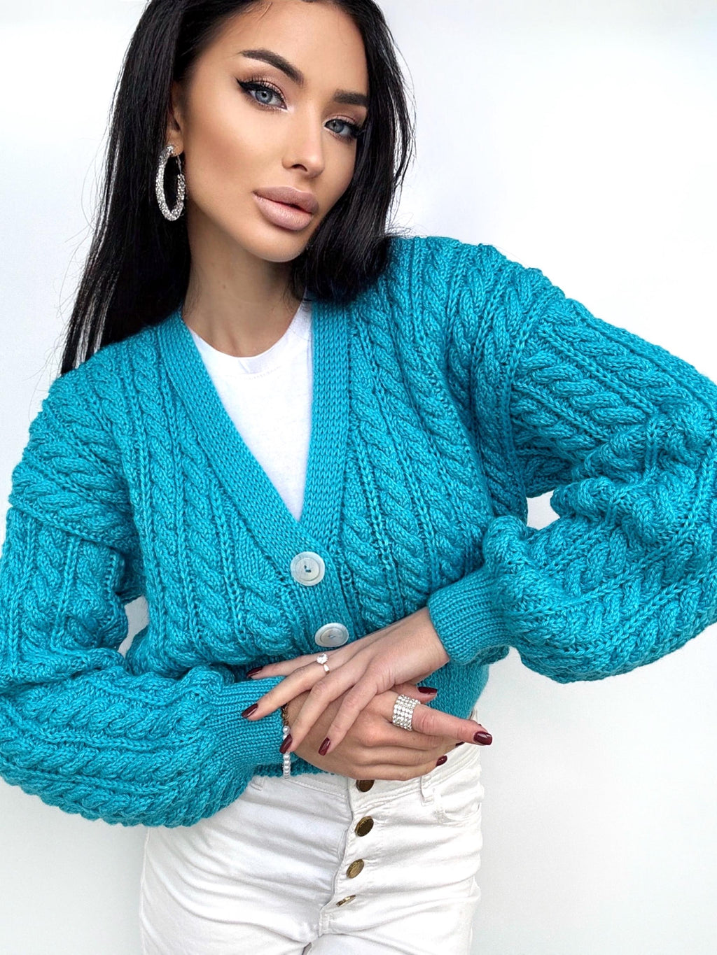 Crop cardigan Hand knit blue cardigan sweater Crop top sweater Cable knit cardigan Chunky Cozy cardigan short knitted jacket Gift for her