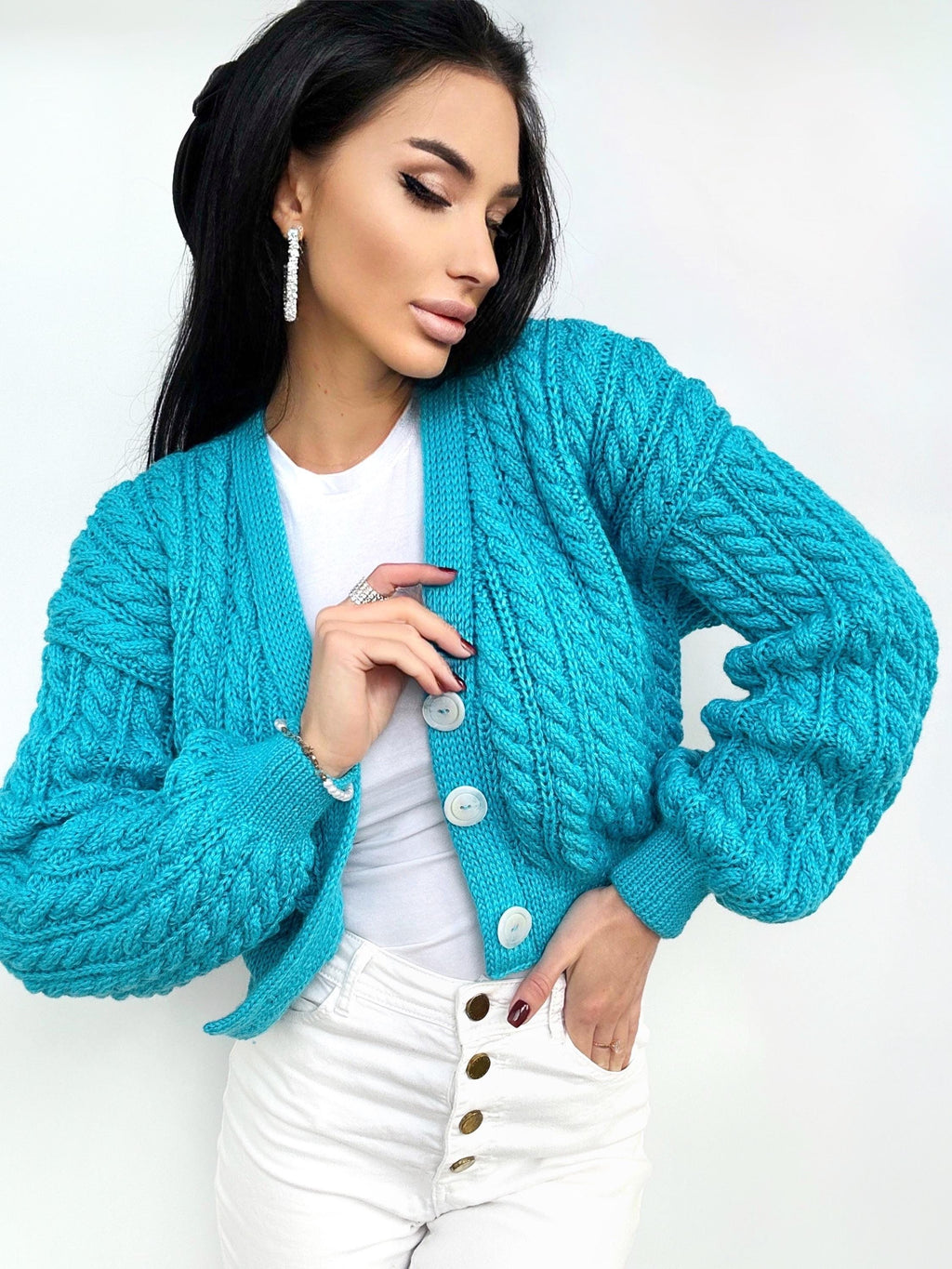 Crop cardigan Hand knit blue cardigan sweater Crop top sweater Cable knit cardigan Chunky Cozy cardigan short knitted jacket Gift for her