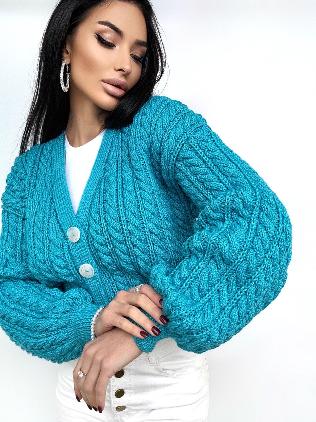 Crop cardigan Hand knit blue cardigan sweater Crop top sweater Cable knit cardigan Chunky Cozy cardigan short knitted jacket Gift for her
