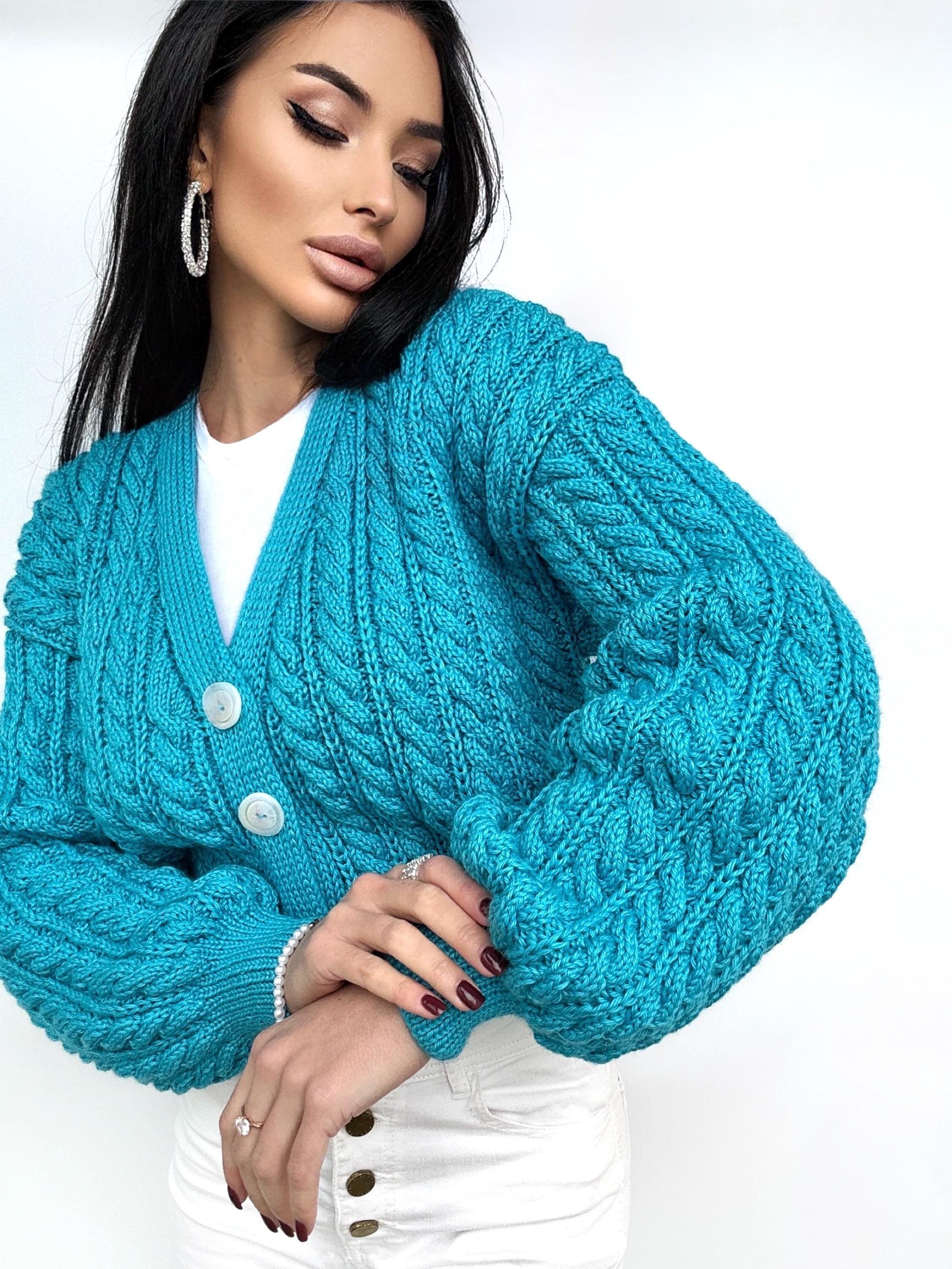 Crop cardigan Hand knit blue cardigan sweater Crop top sweater Cable knit cardigan Chunky Cozy cardigan short knitted jacket Gift for her