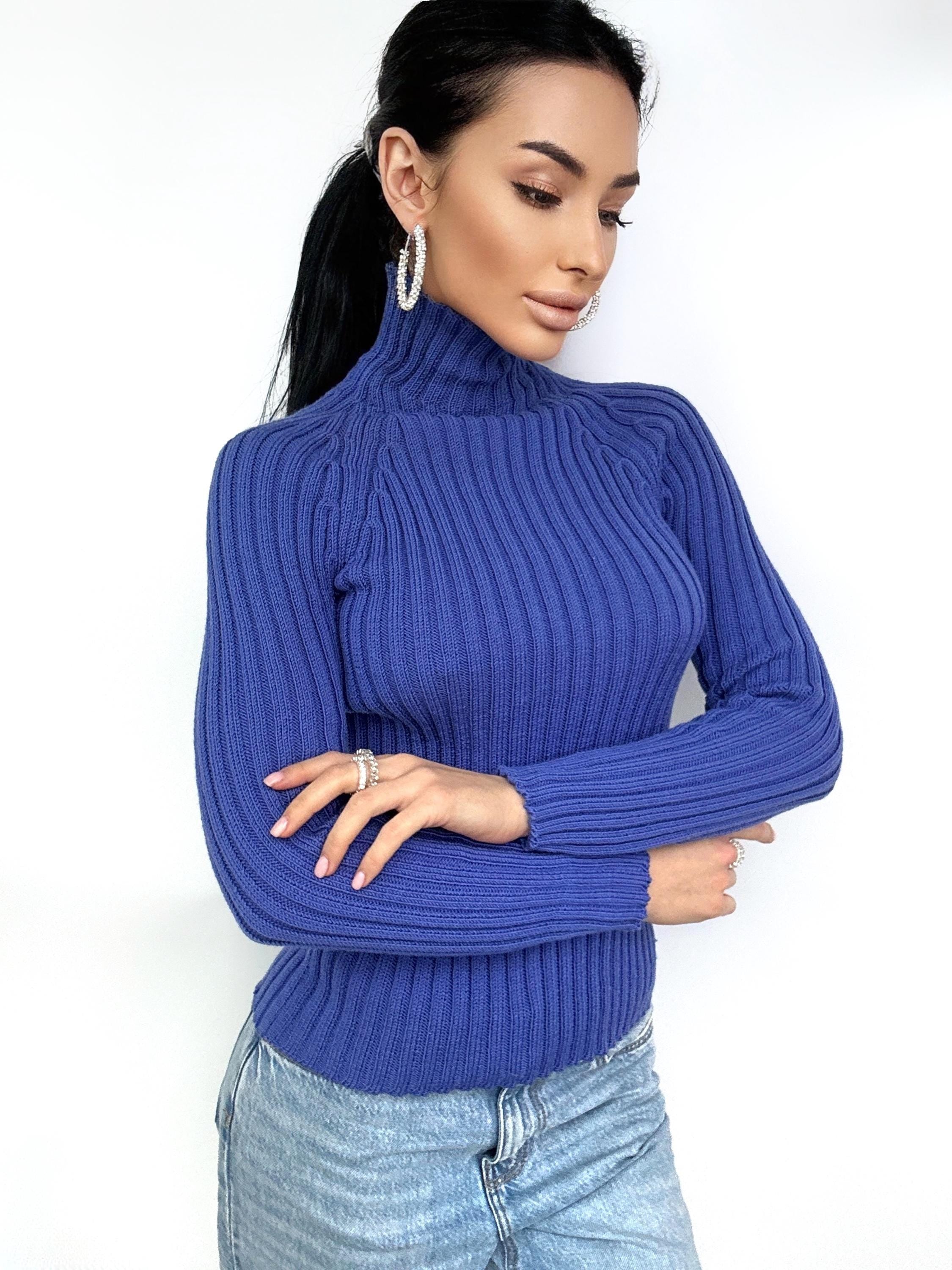 Wool Knitted blue Turtleneck for women Ribbed Knitmerino wool Sweater Long Sleeve Sweater Comfortable body-friendly Turtle neck wool