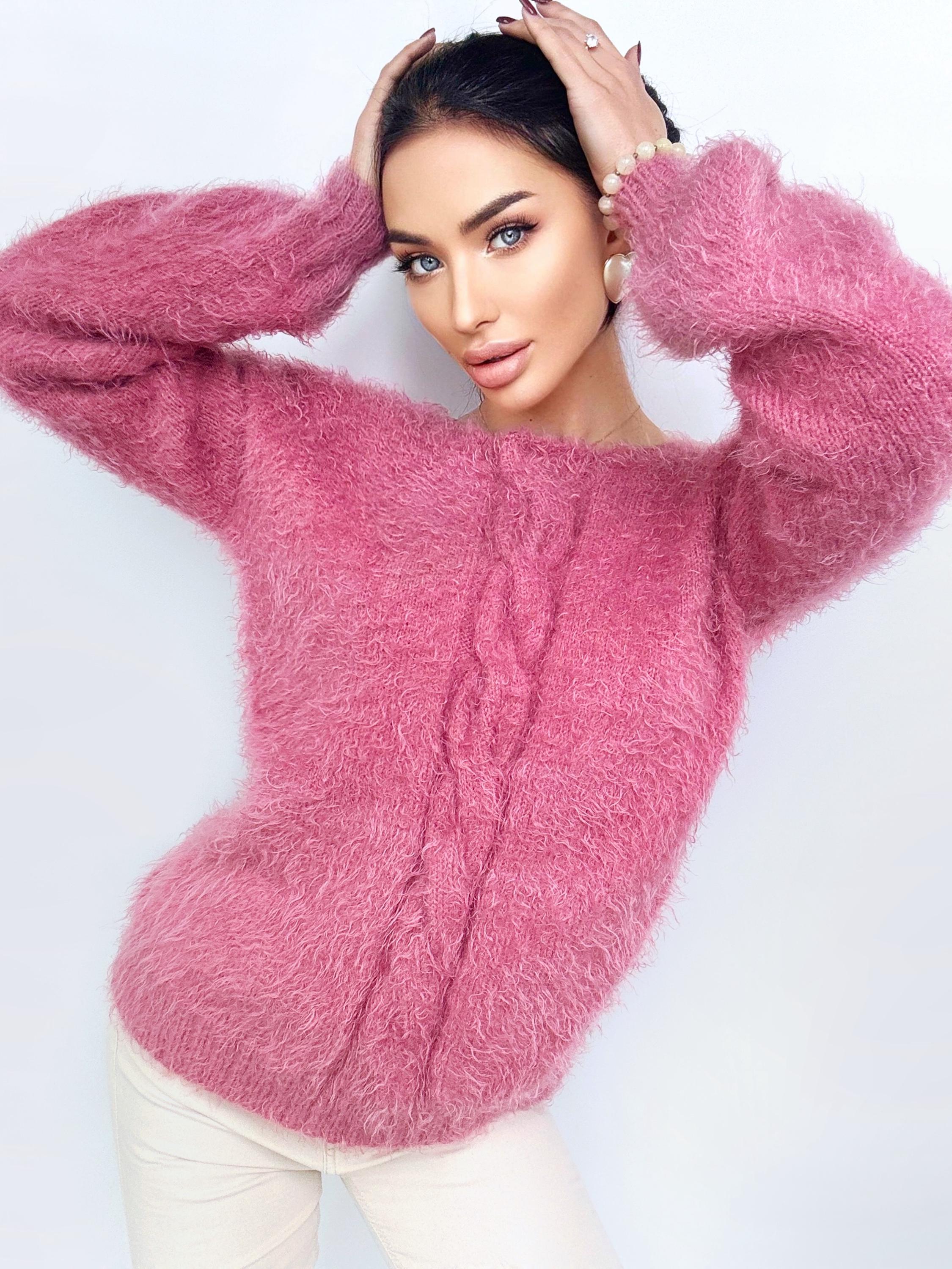 Hand knit Pink Powder wool FREE soft fluffy body friendly sweater Open back Deep V-neckline Analogue of angora pullover Loose fit oversize