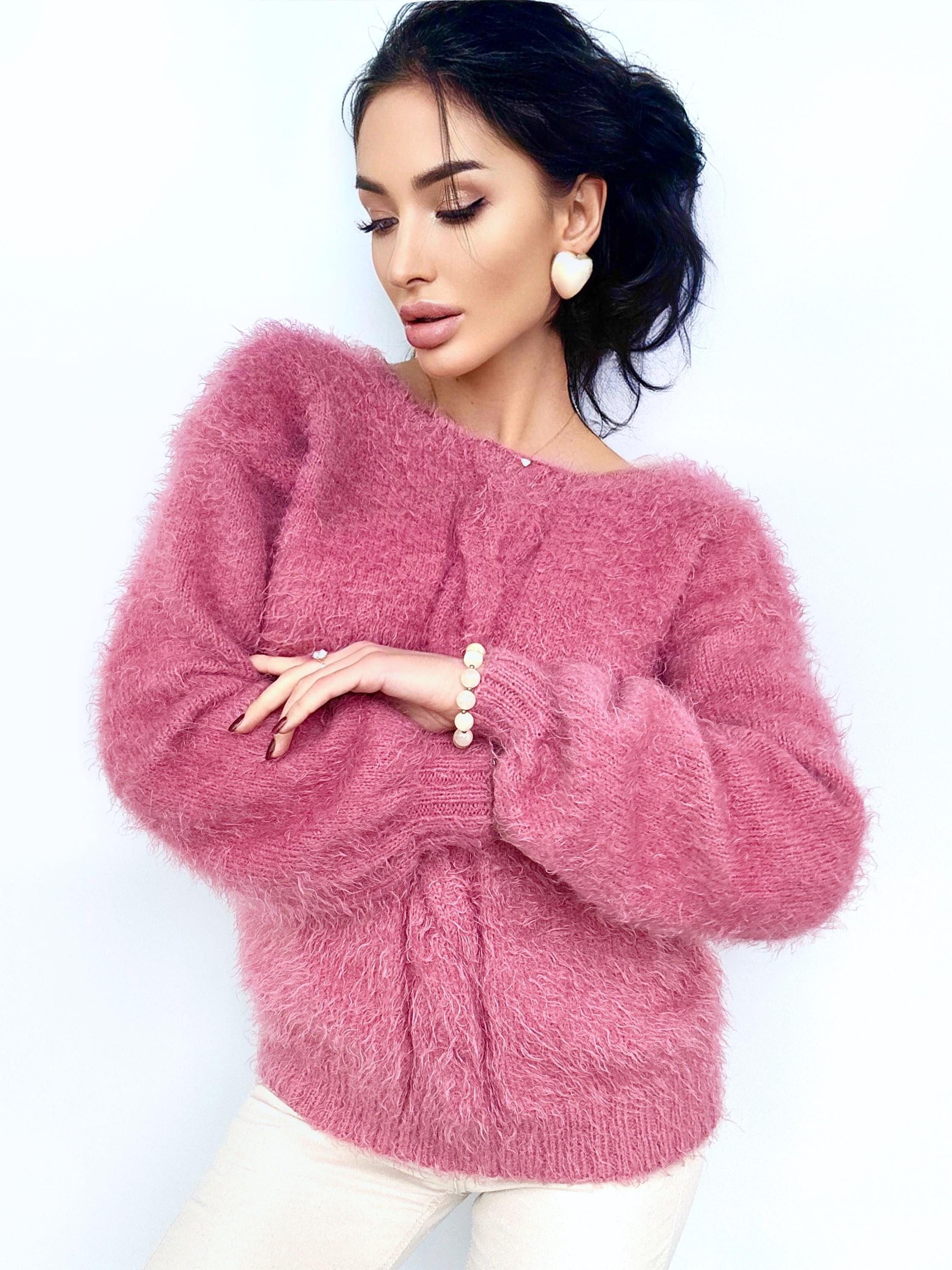 Hand knit Pink Powder wool FREE soft fluffy body friendly sweater Open back Deep V-neckline Analogue of angora pullover Loose fit oversize