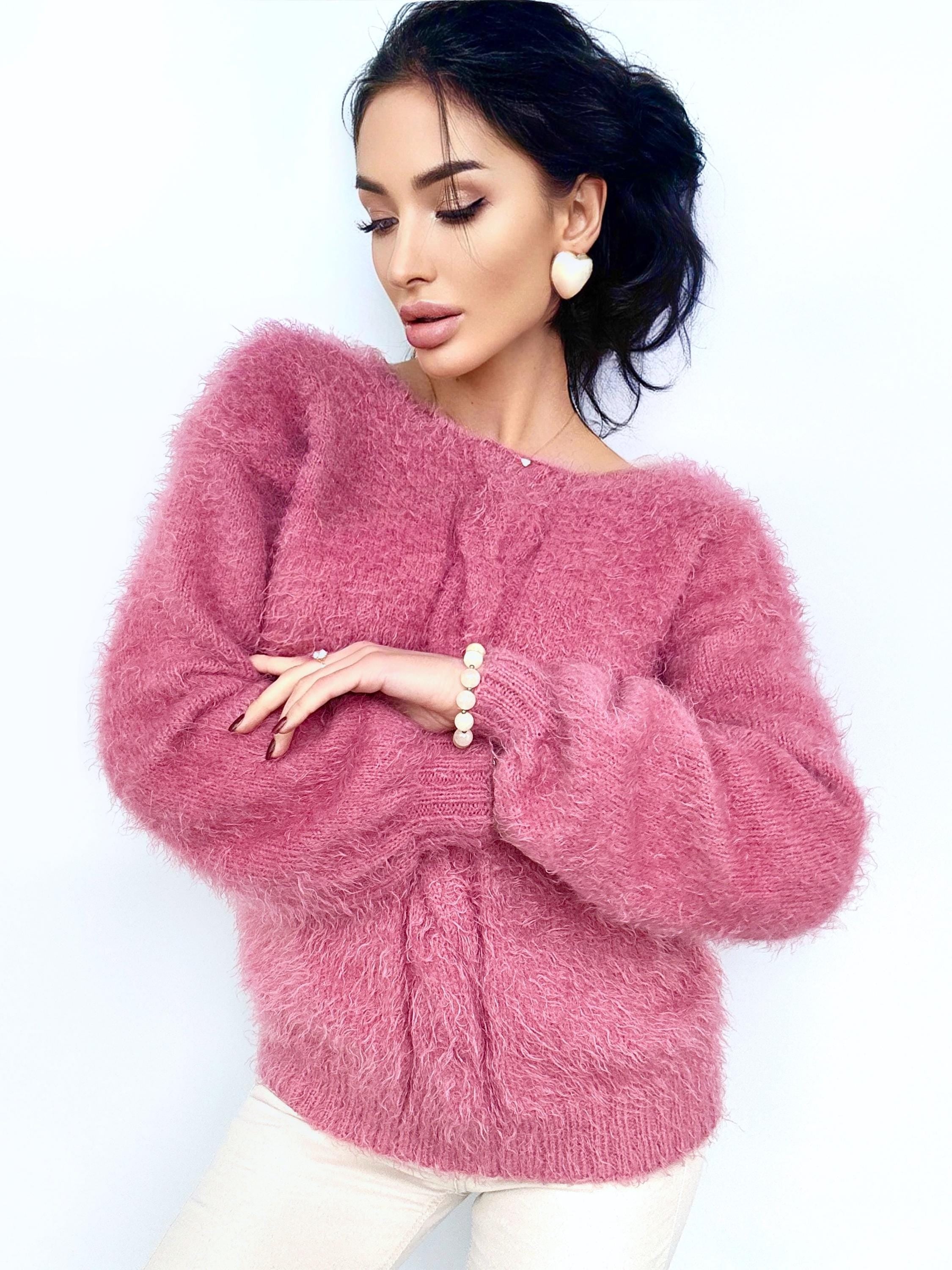 Hand knit Pink Powder wool FREE soft fluffy body friendly sweater Open back Deep V-neckline Analogue of angora pullover Loose fit oversize
