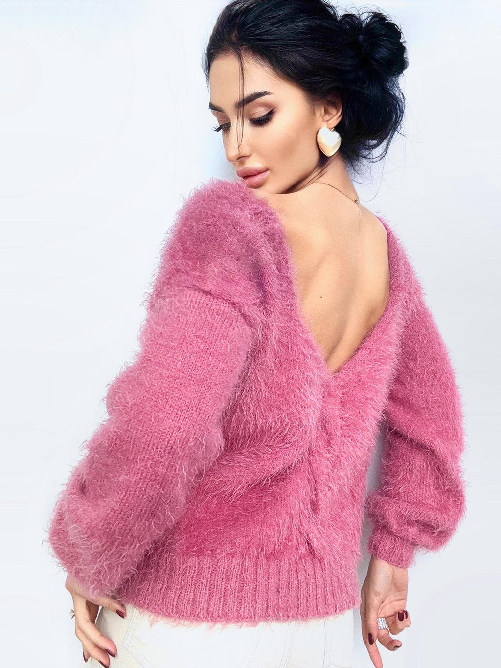 Hand knit Pink Powder wool FREE soft fluffy body friendly sweater Open back Deep V-neckline Analogue of angora pullover Loose fit oversize