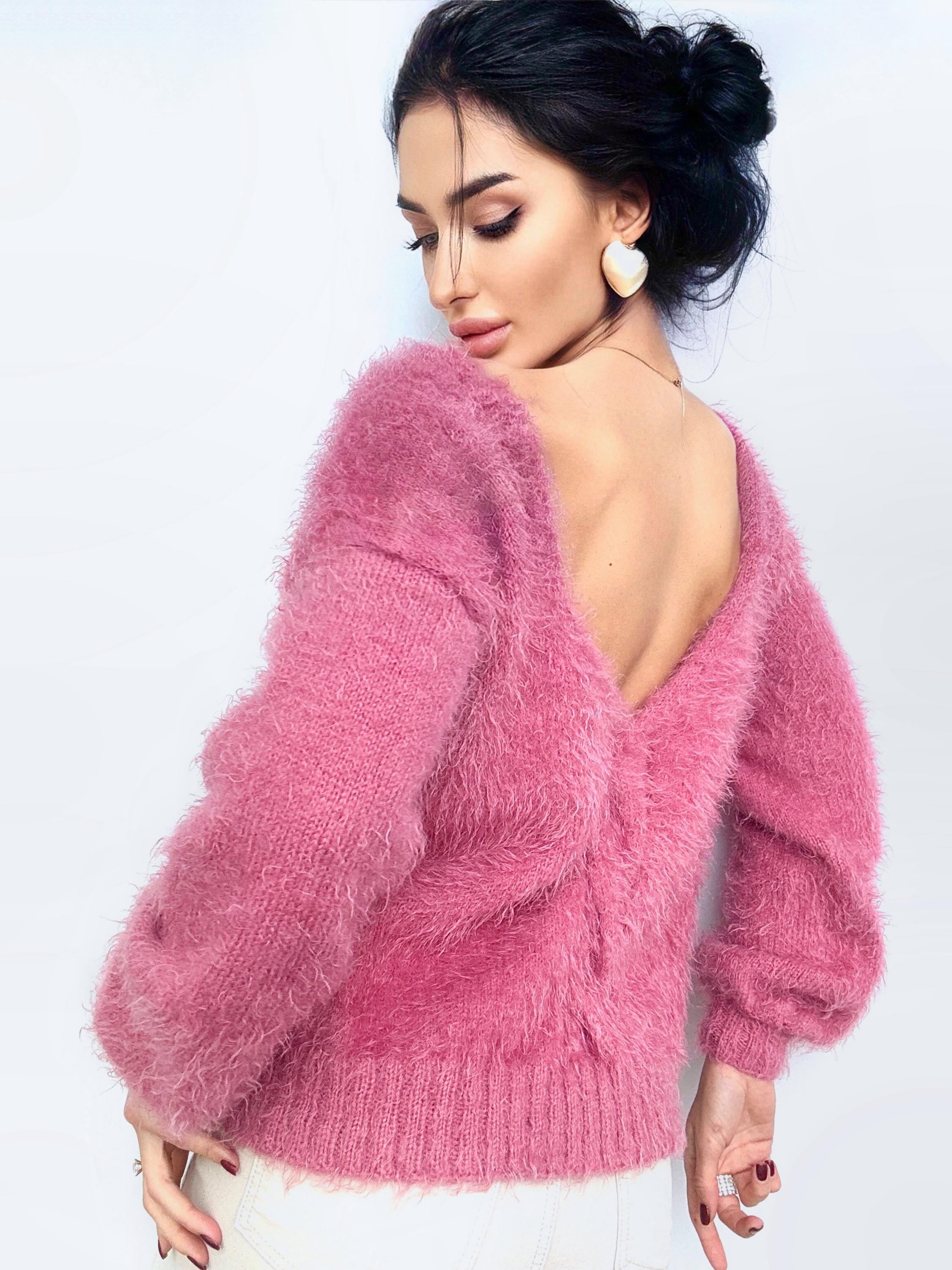 Hand knit Pink Powder wool FREE soft fluffy body friendly sweater Open back Deep V-neckline Analogue of angora pullover Loose fit oversize