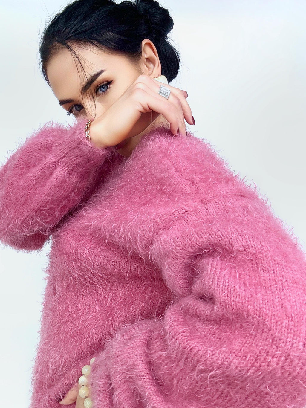 Hand knit Pink Powder wool FREE soft fluffy body friendly sweater Open back Deep V-neckline Analogue of angora pullover Loose fit oversize