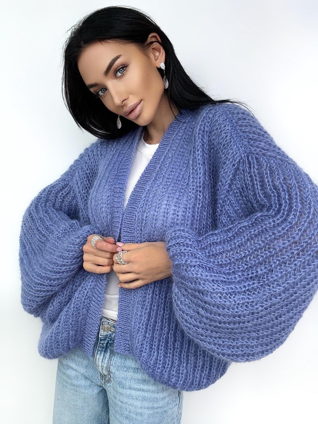 Mohair cardigan women Wedding cardigan Mohair sweater Blue Jeans knitted coat Jacket Women Bridal shrug bolero wool Fluffy short cardigan