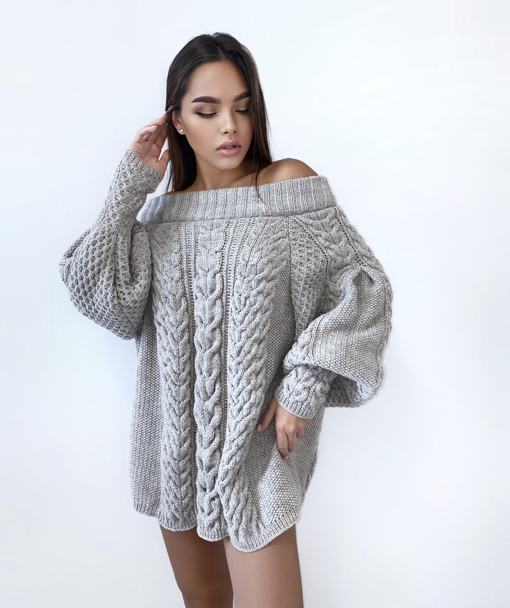 Hand knit gray Beige melange Pastel off shoulder wool sweater dress Bohemian sweater Cable knit mini dress Knitted tunic Chunky knit sweater