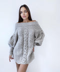 Hand knit gray Beige melange Pastel off shoulder wool sweater dress Bohemian sweater Cable knit mini dress Knitted tunic Chunky knit sweater