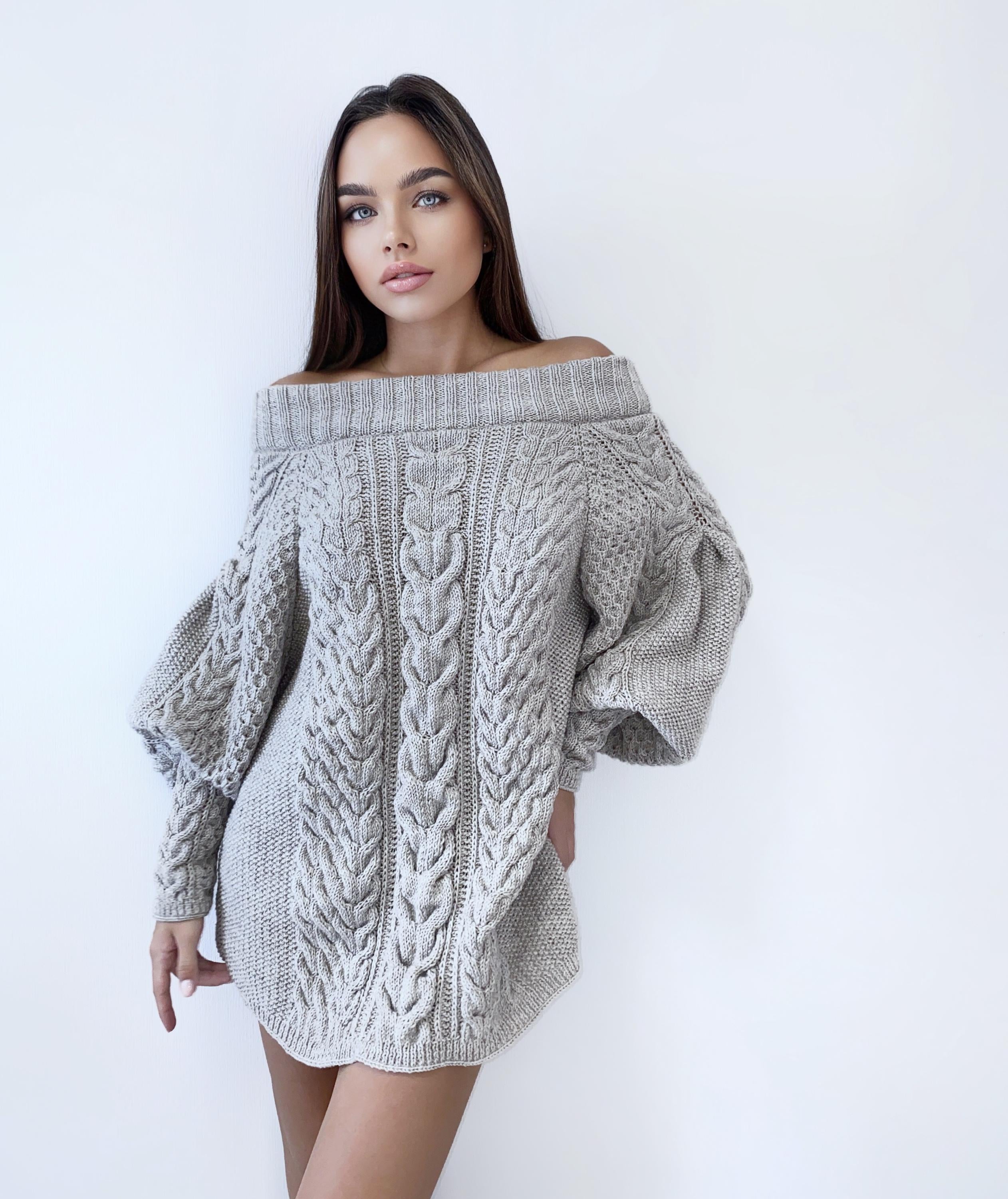 Hand knit gray Beige melange Pastel off shoulder wool sweater dress Bohemian sweater Cable knit mini dress Knitted tunic Chunky knit sweater