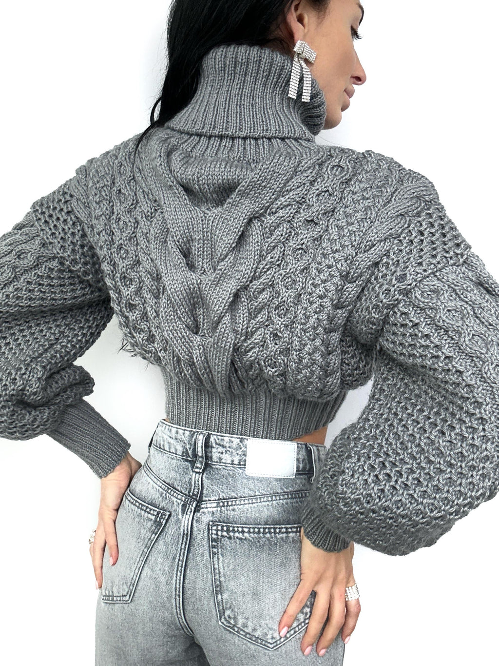 Crop hand knitted dark grey wool sweater high collar Chunky Knit Turtleneck Oversized Pullover Womens Cable knit cozy wool winter sweater