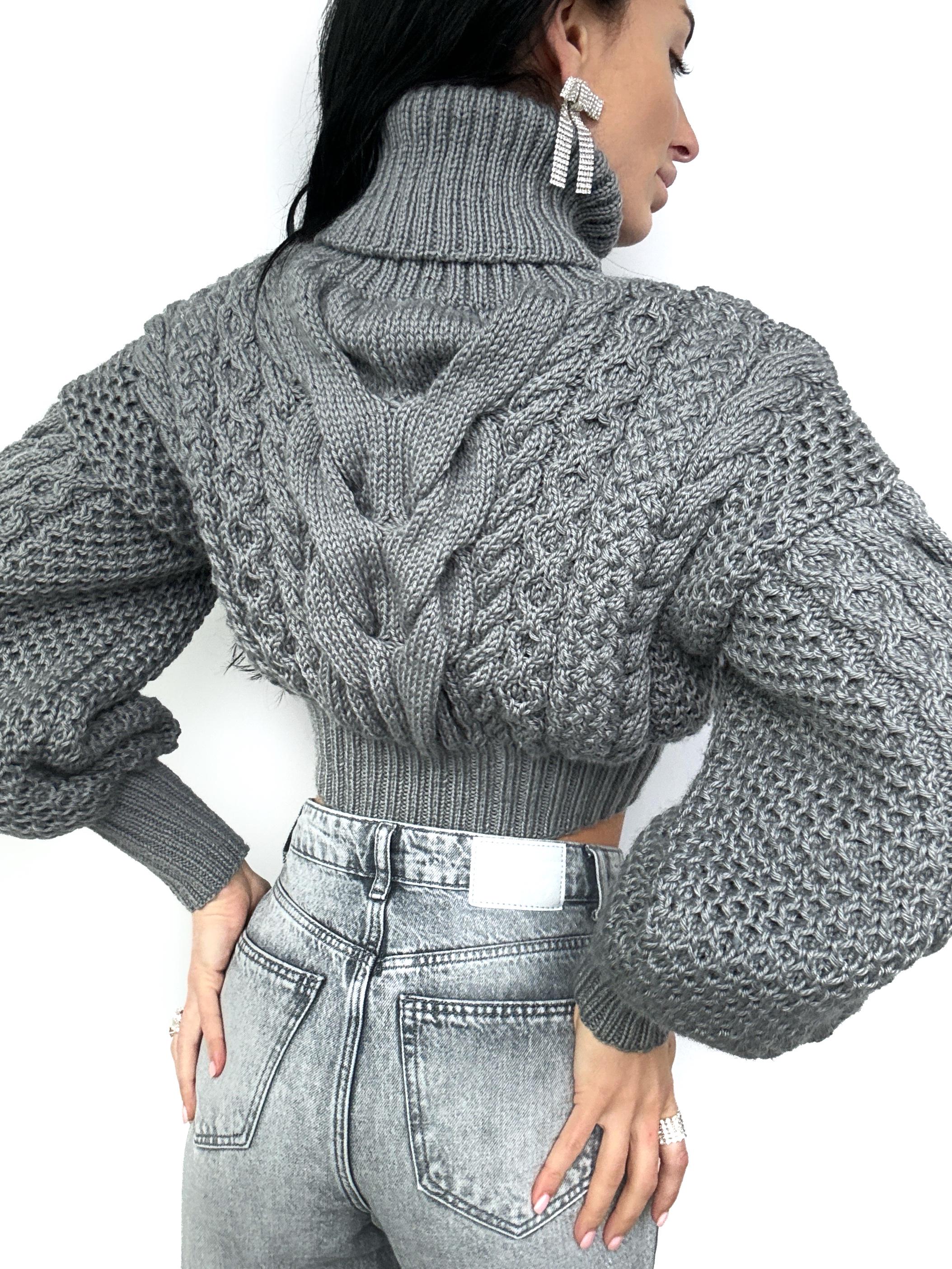 Crop hand knitted dark grey wool sweater high collar Chunky Knit Turtleneck Oversized Pullover Womens Cable knit cozy wool winter sweater