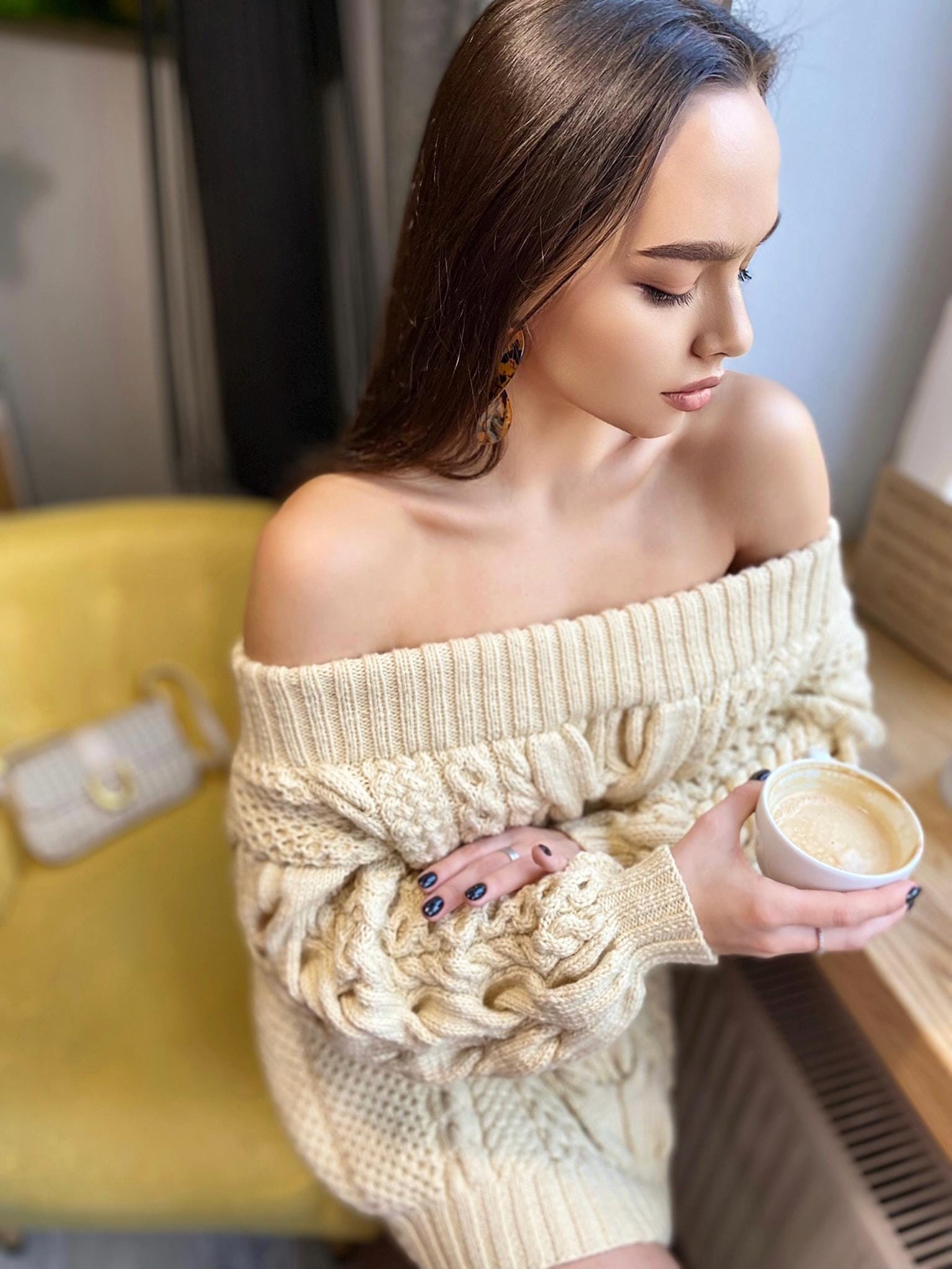 Off the shoulder pastel cream milk hand knit wool sweater Oversized Cable knit sweater Сhunky sweater dress Loose knit sustainable knitwear