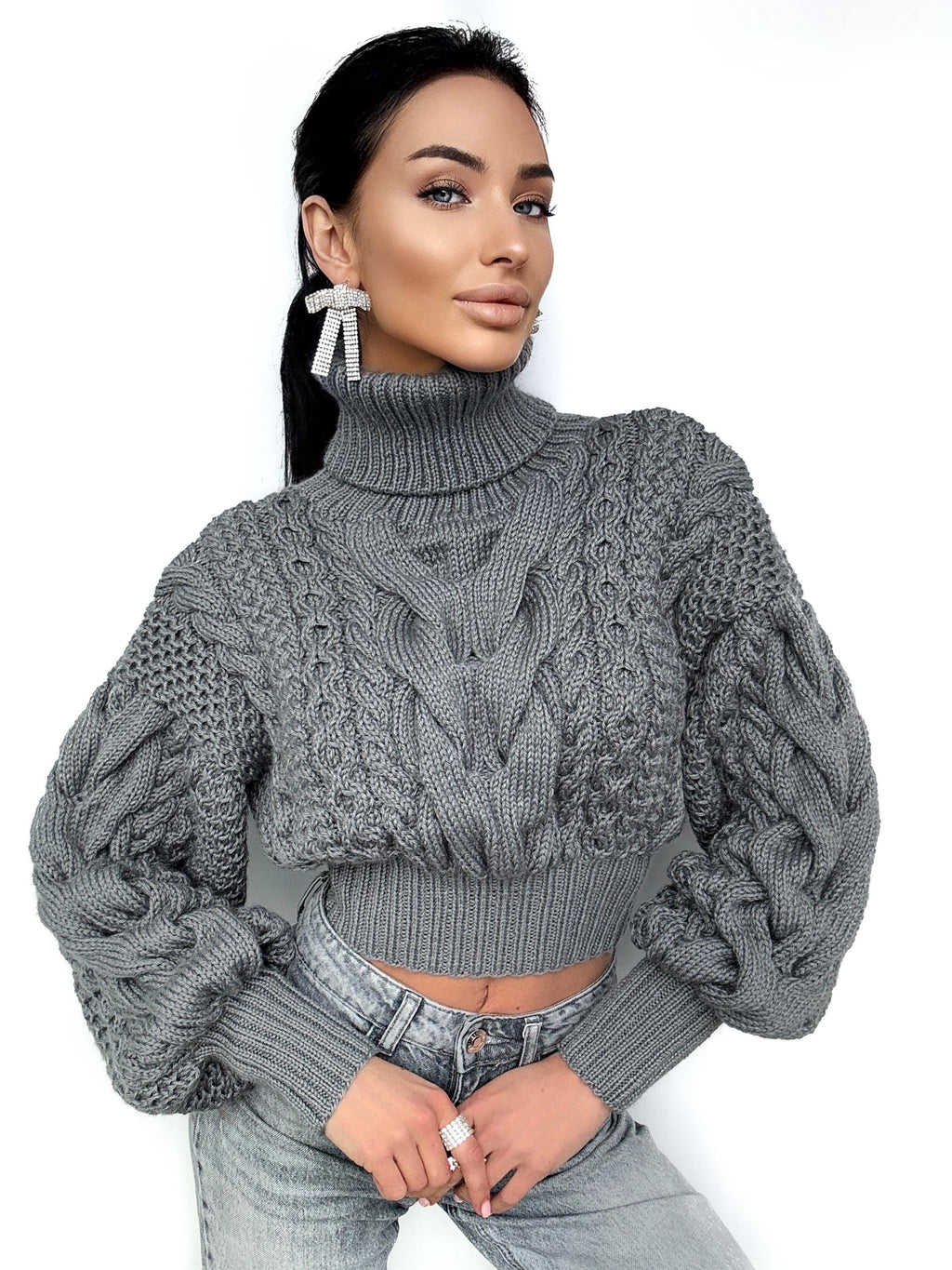 Crop hand knitted dark grey wool sweater Chunky Knit Turtleneck Oversized Pullover Women's Cable knit Jumper cozy wool winter sweater
