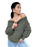 Khaki Green-Gray pastel hand knit alpaca wool sweater woman Cable hand knit sweater Loose pullover Oversized chunky knit bulky off shoulder