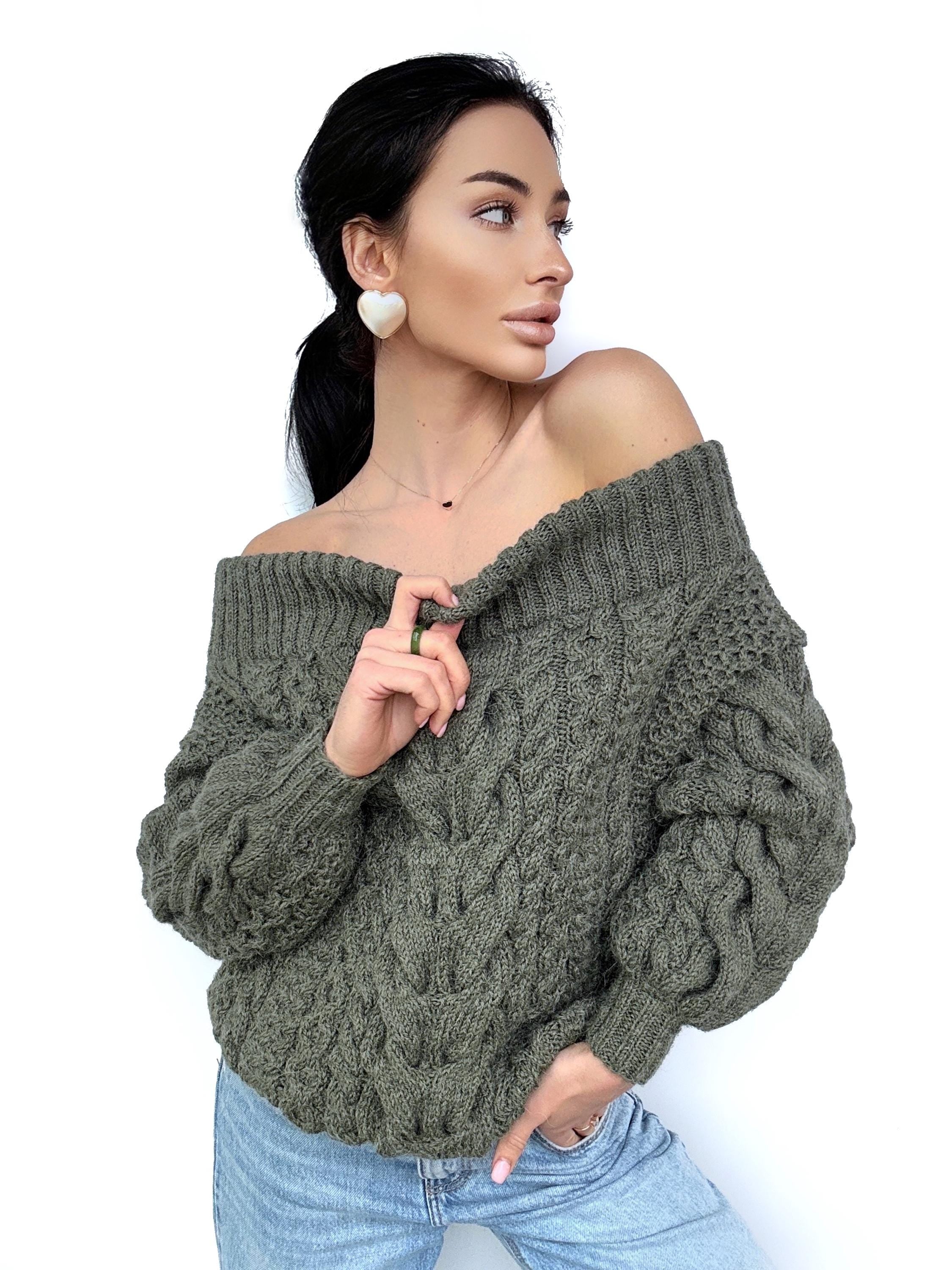 Khaki Green-Gray pastel hand knit alpaca wool sweater woman Cable hand knit sweater Loose pullover Oversized chunky knit bulky off shoulder