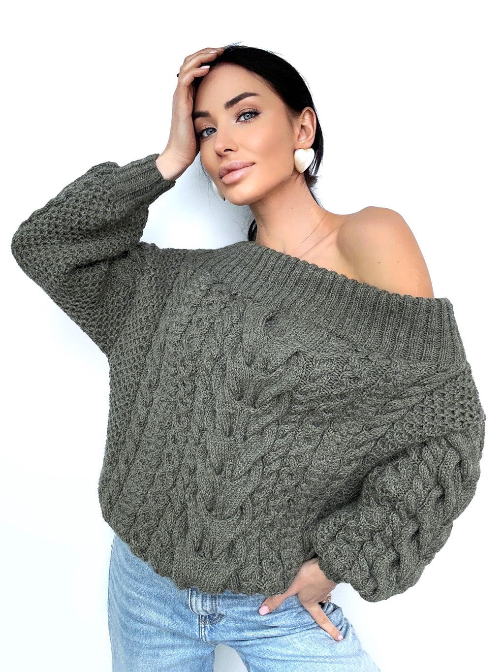 Khaki Green-Gray pastel hand knit alpaca wool sweater woman Cable hand knit sweater Loose pullover Oversized chunky knit bulky off shoulder