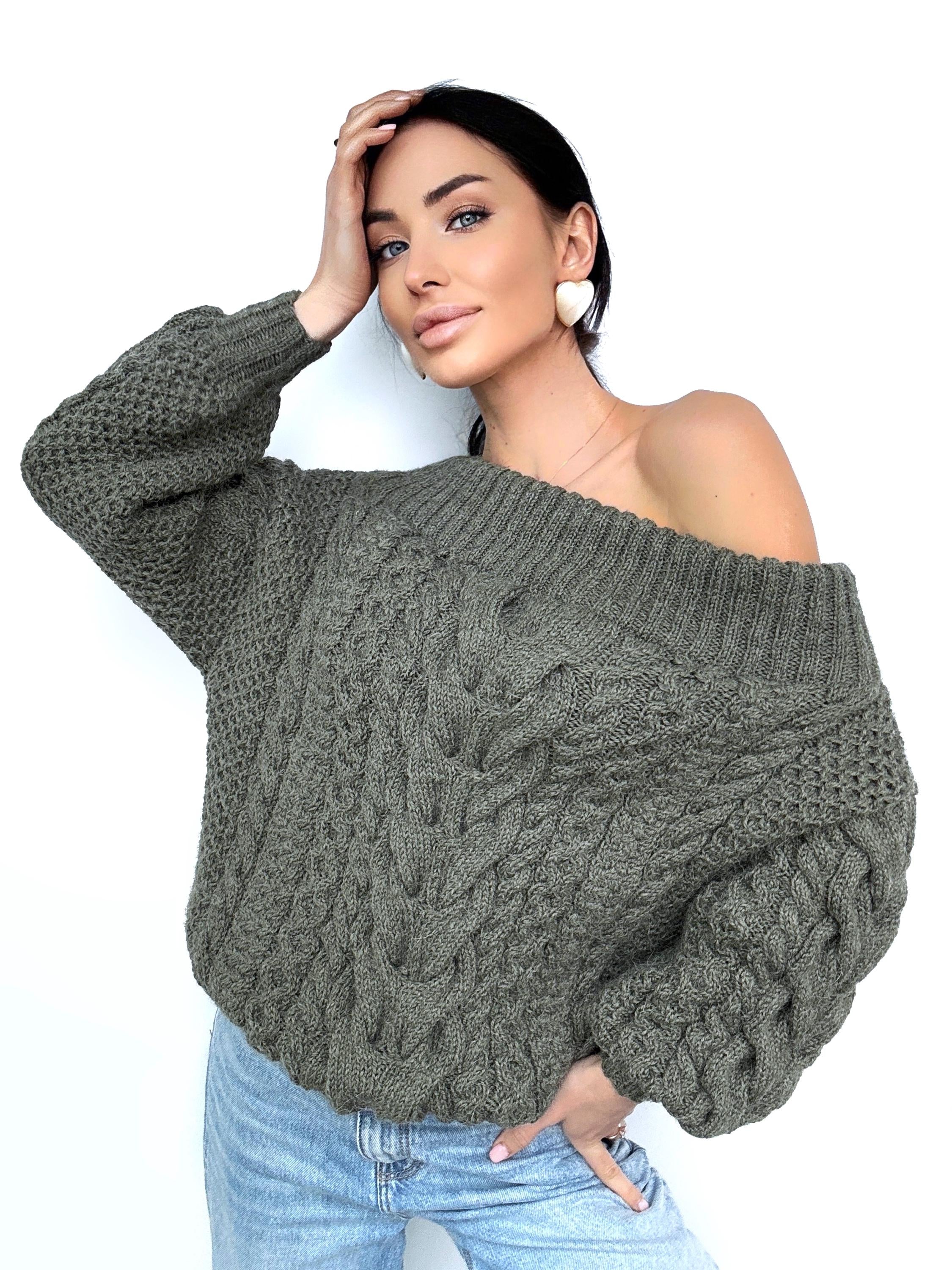 Khaki Green-Gray pastel hand knit alpaca wool sweater woman Cable hand knit sweater Loose pullover Oversized chunky knit bulky off shoulder