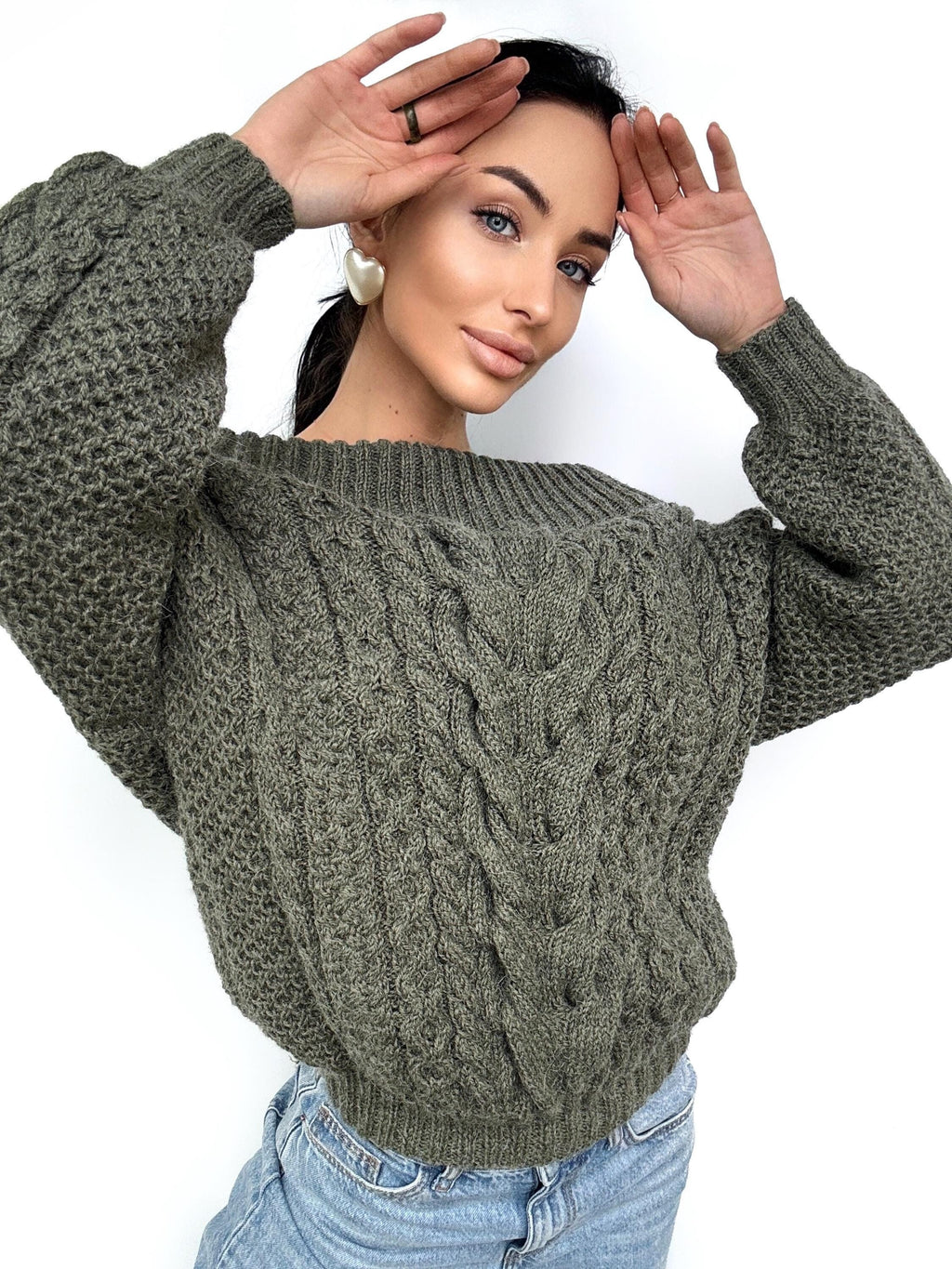 Khaki Green-Gray pastel hand knit alpaca wool sweater woman Cable hand knit sweater Loose pullover Oversized chunky knit bulky off shoulder