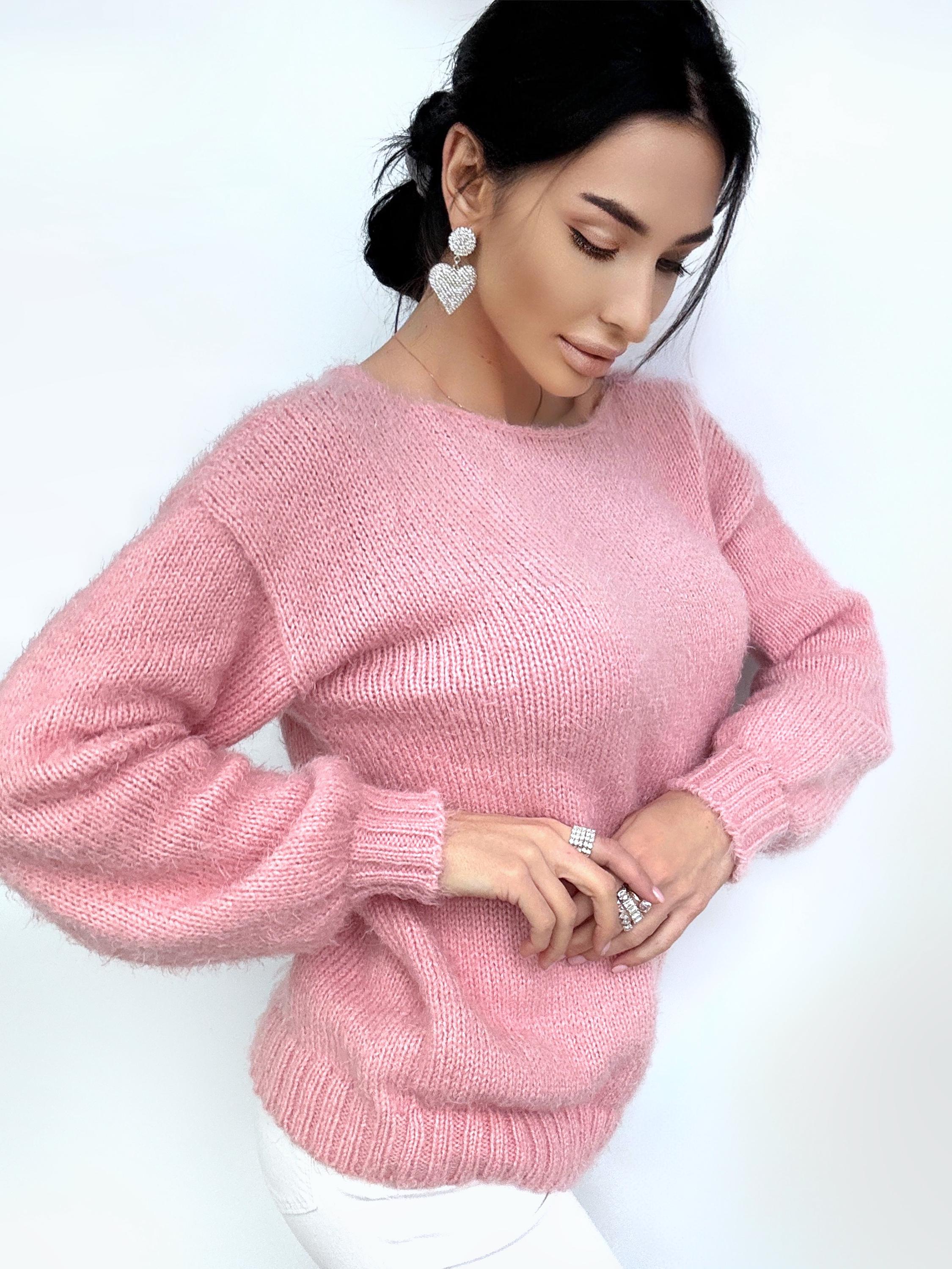 Hand knit Pink Powder wool FREE soft fluffy body friendly sweater Open back Deep V-neckline Analogue of angora pullover Loose fit oversize