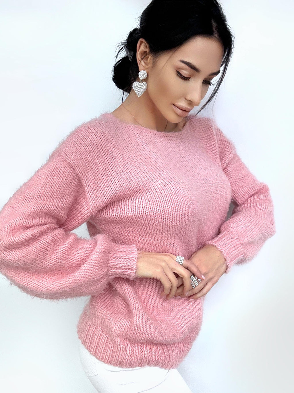 Hand knit Pink Powder wool FREE soft fluffy body friendly sweater Open back Deep V-neckline Analogue of angora pullover Loose fit oversize